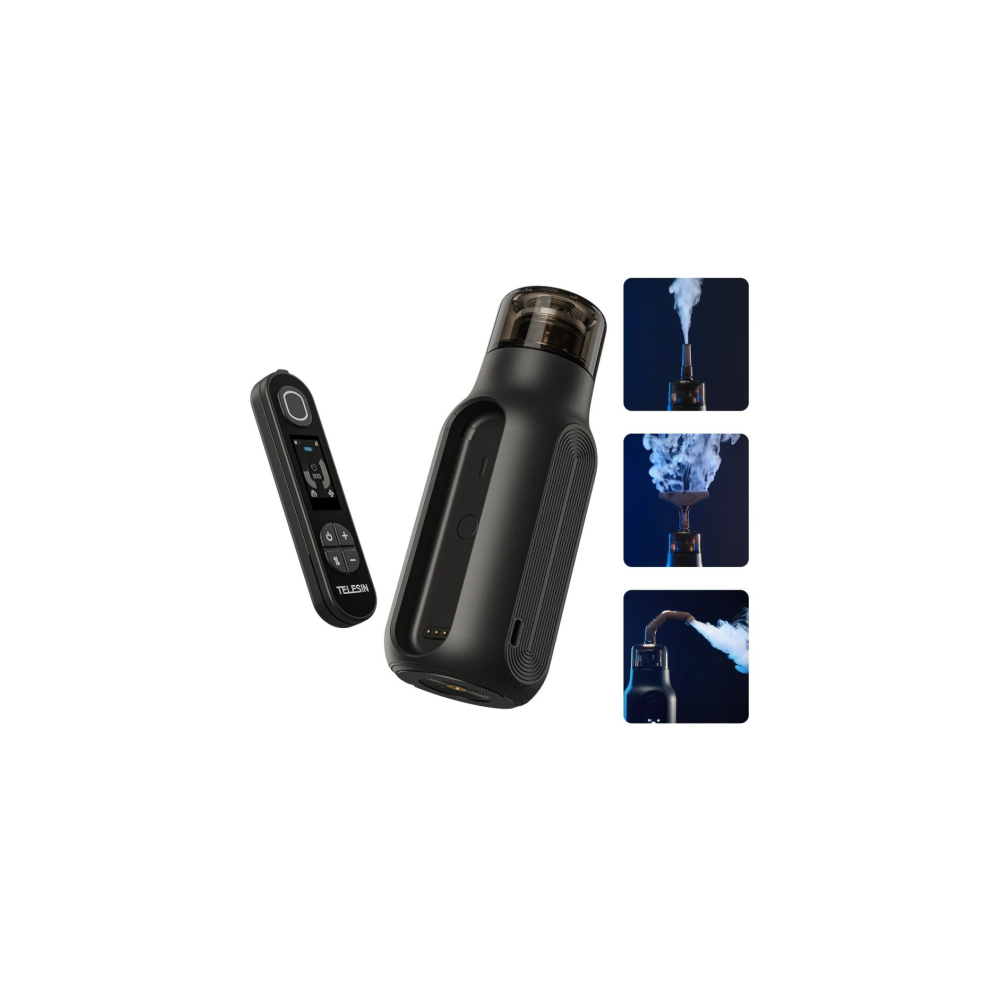 Black device with remote and three detail shots of smoke.