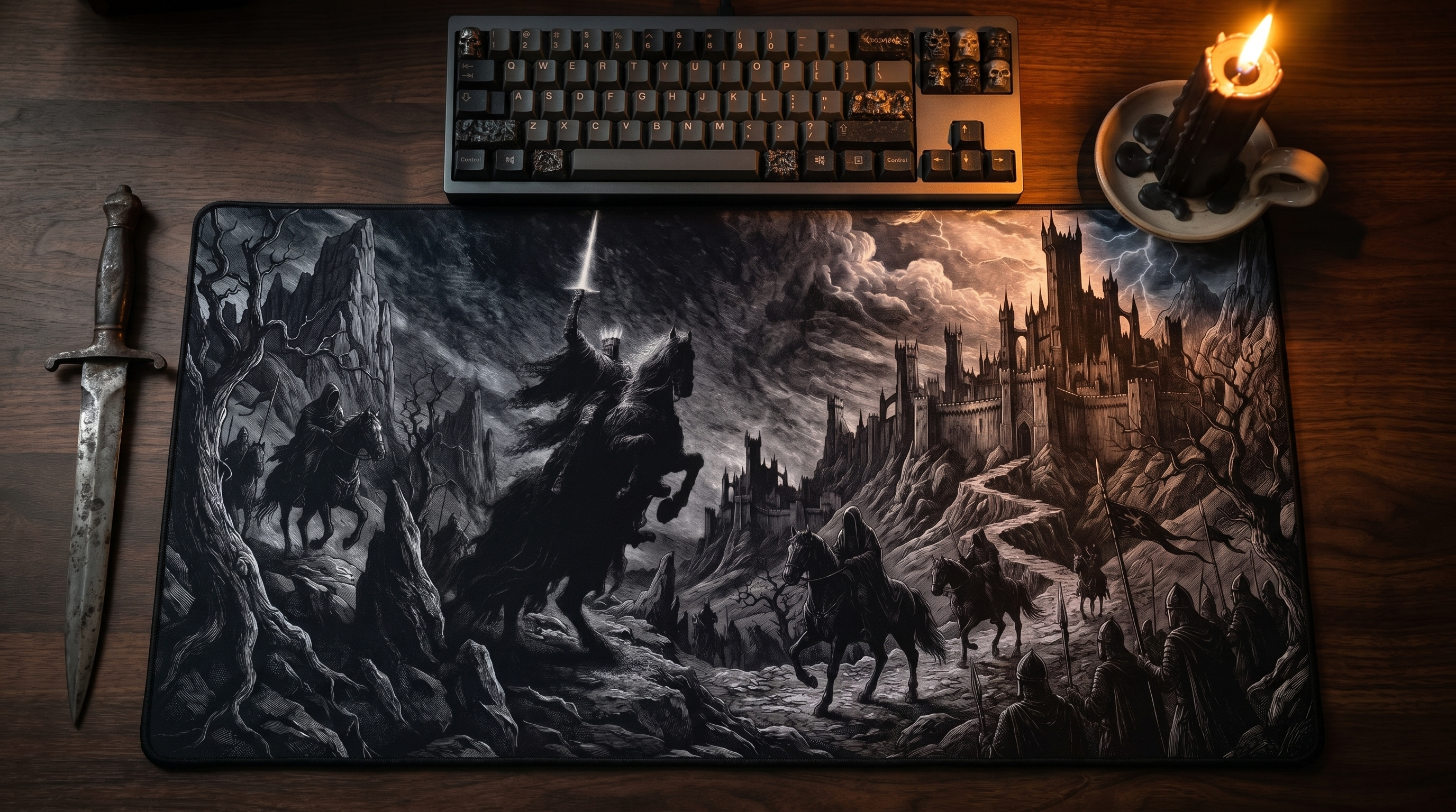 Koyu fantezi sanatlı siyah mousepad: biniciler ve kale.
