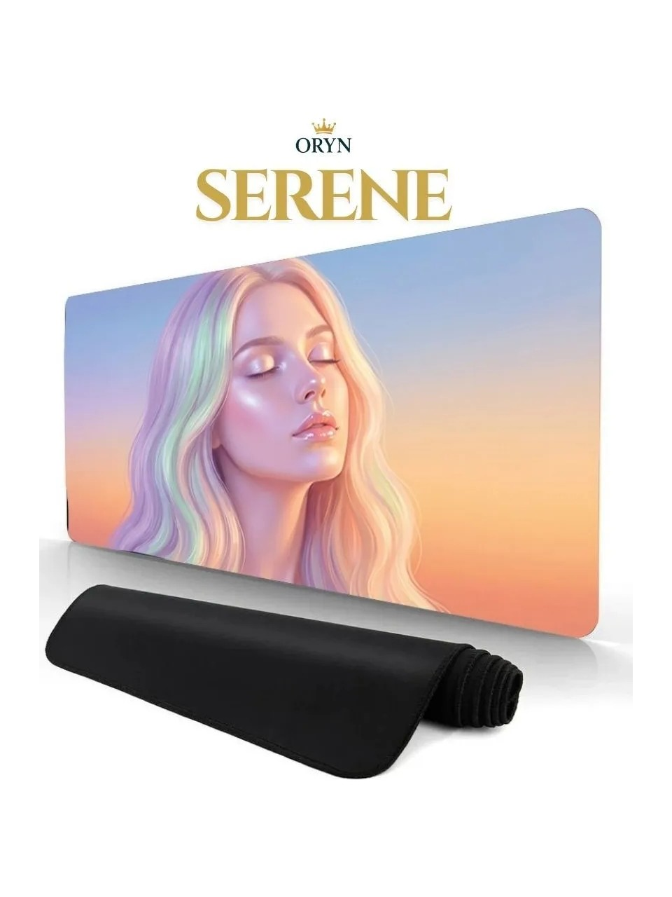 Gün batımı fonunda renkli saçlı bir kadının portresini içeren bir mousepad.