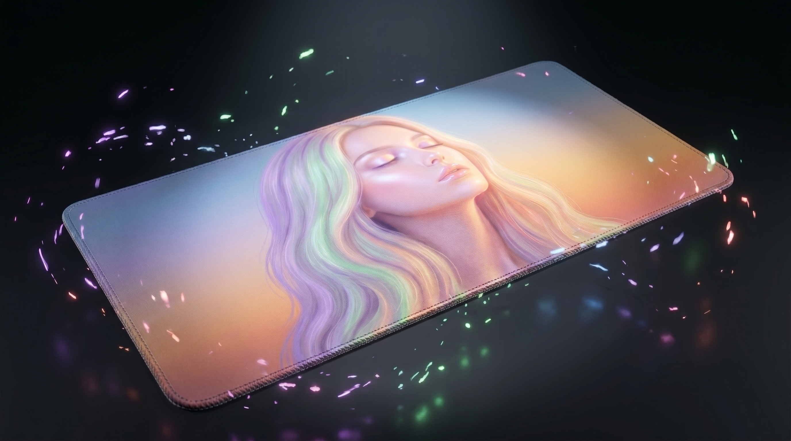 Parlayan parçacıklarla çevrili, renkli saçlı bir kadının portresini içeren mousepad.