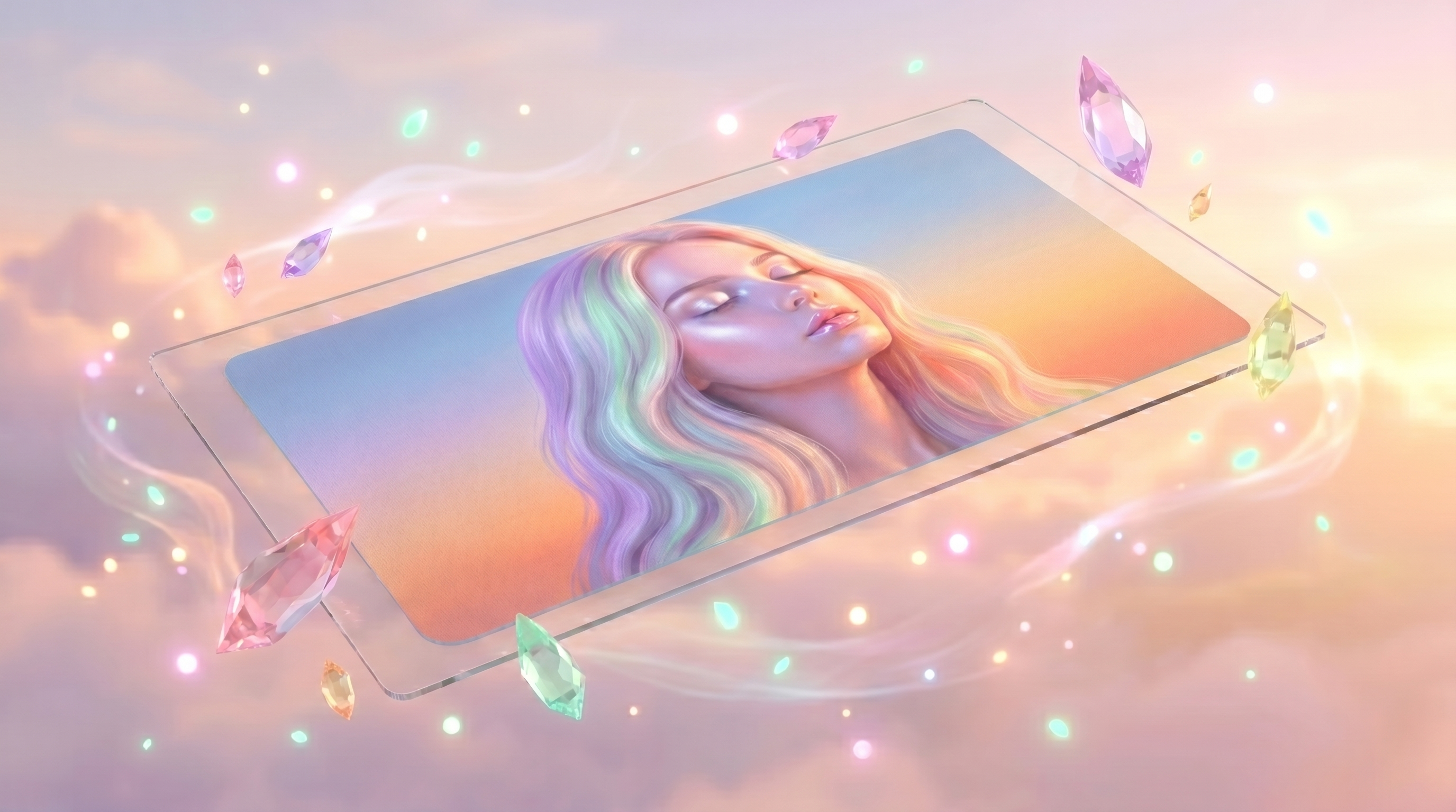 Pastel saçlı bir kadının portresini içeren tablet, rüya gibi bir gökyüzünün önünde süzülüyor.