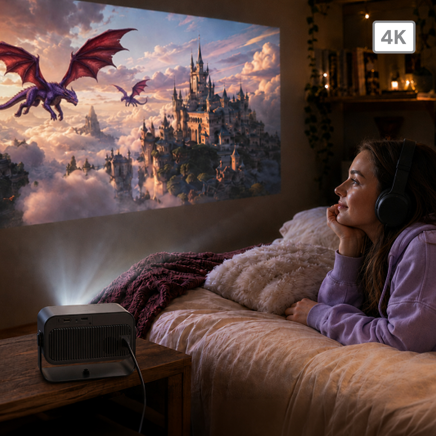 Ein Mädchen mit Kopfhörern liegt auf einem Bett und schaut auf einen Projektor, der Drachen und eine Burg zeigt.