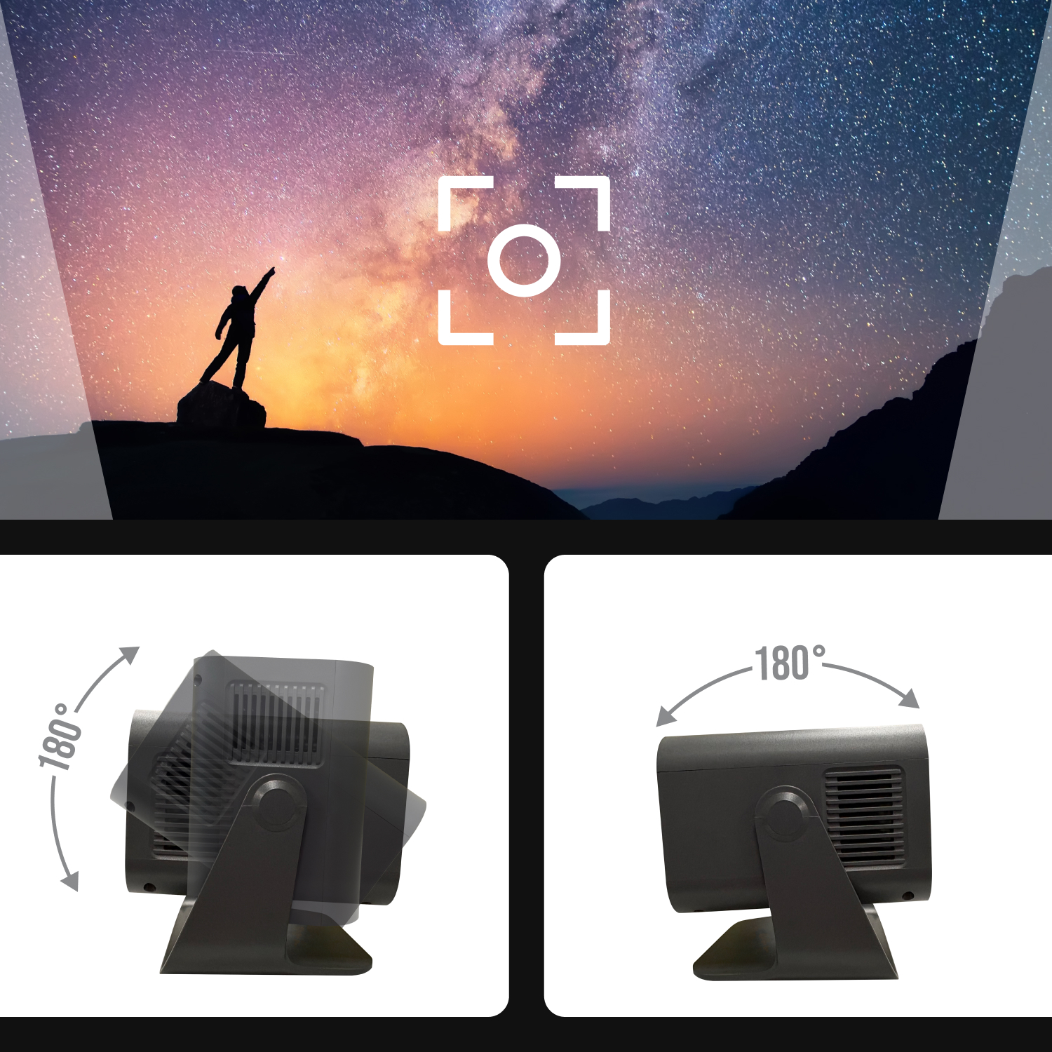 Silhouette eines Mannes, der auf einen Sternenhimmel zeigt. Unten: ein Scheinwerfer mit 180°-Bewegung.