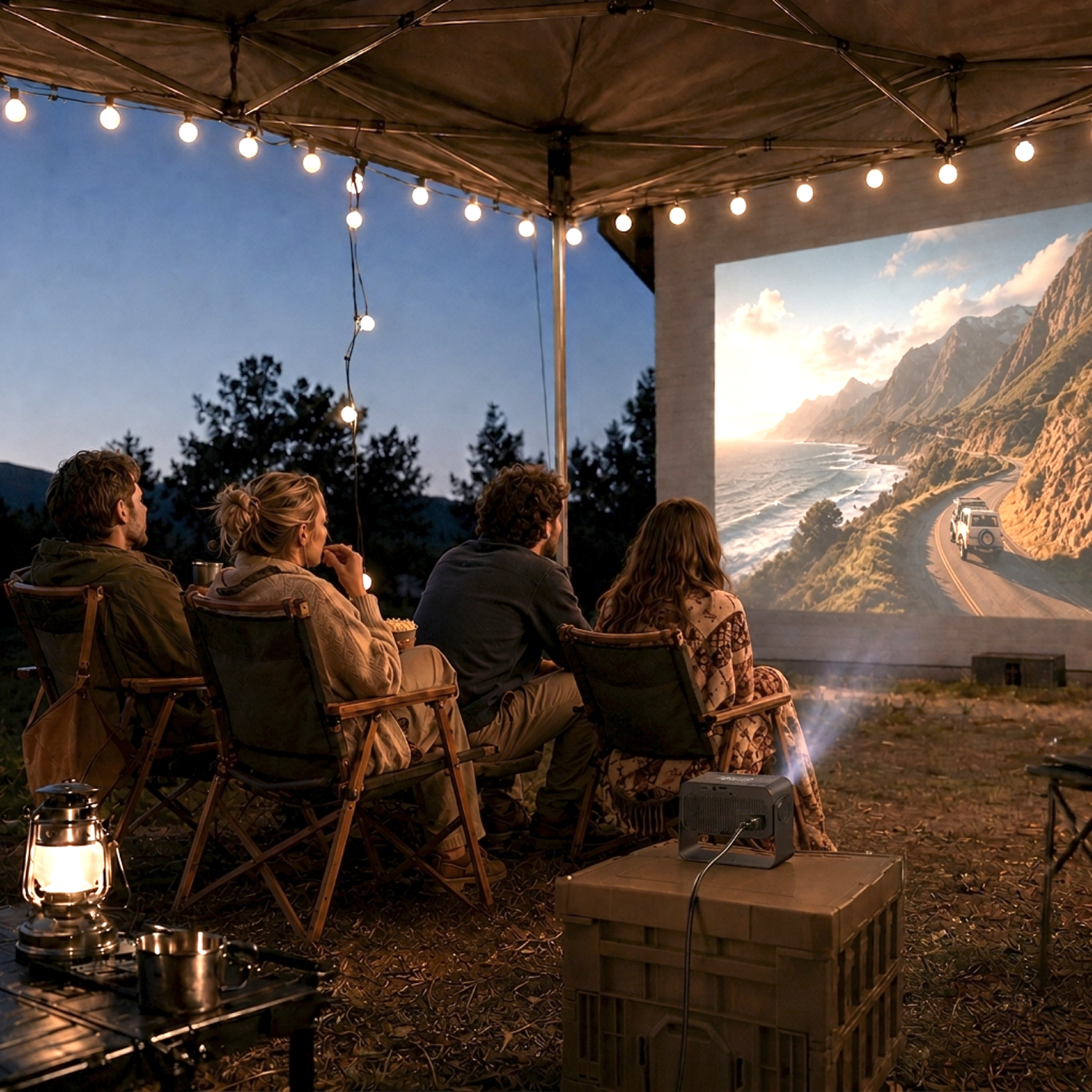 Vier Personen sitzen unter einem Zelt und schauen einen Film auf einer Leinwand, beleuchtet von Lichterketten.