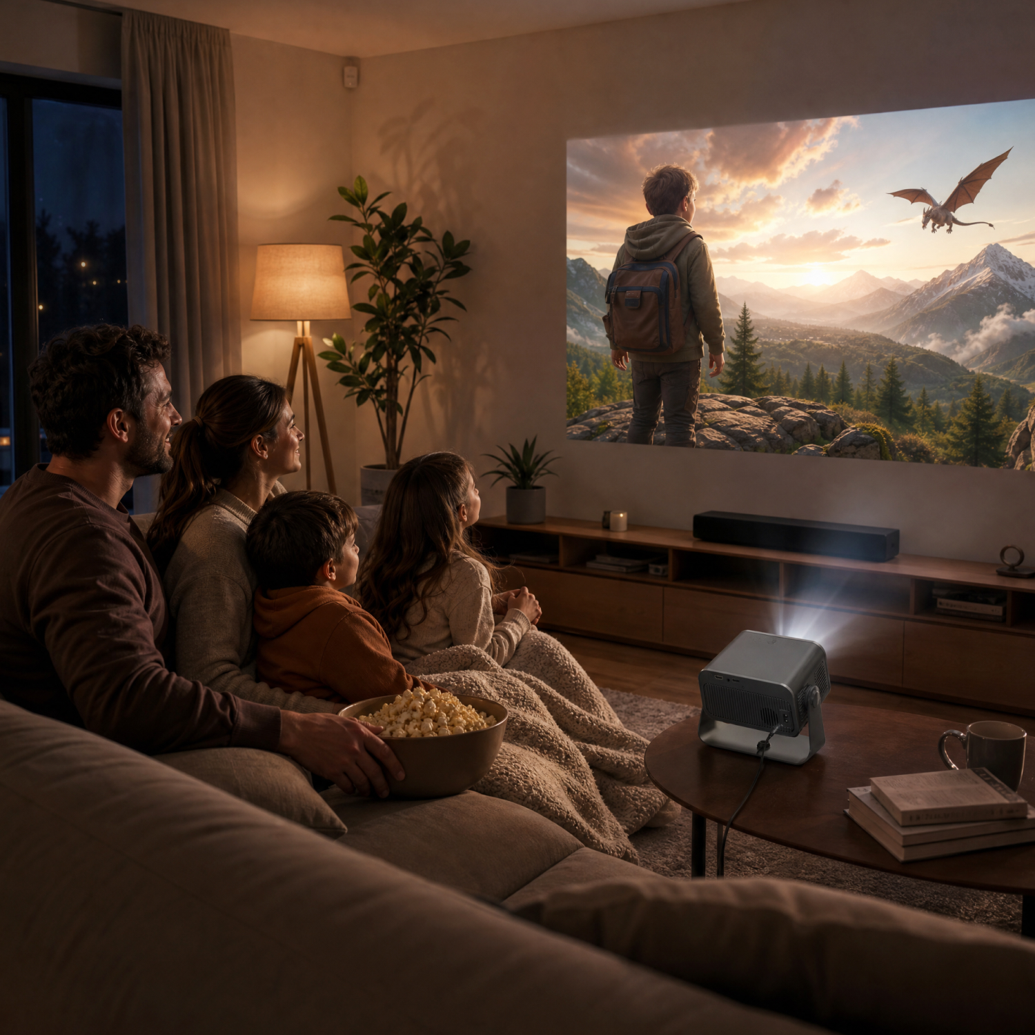 Familie schaut auf Leinwand einen Drachenfilm. Ein Beamer steht auf einem Tisch.