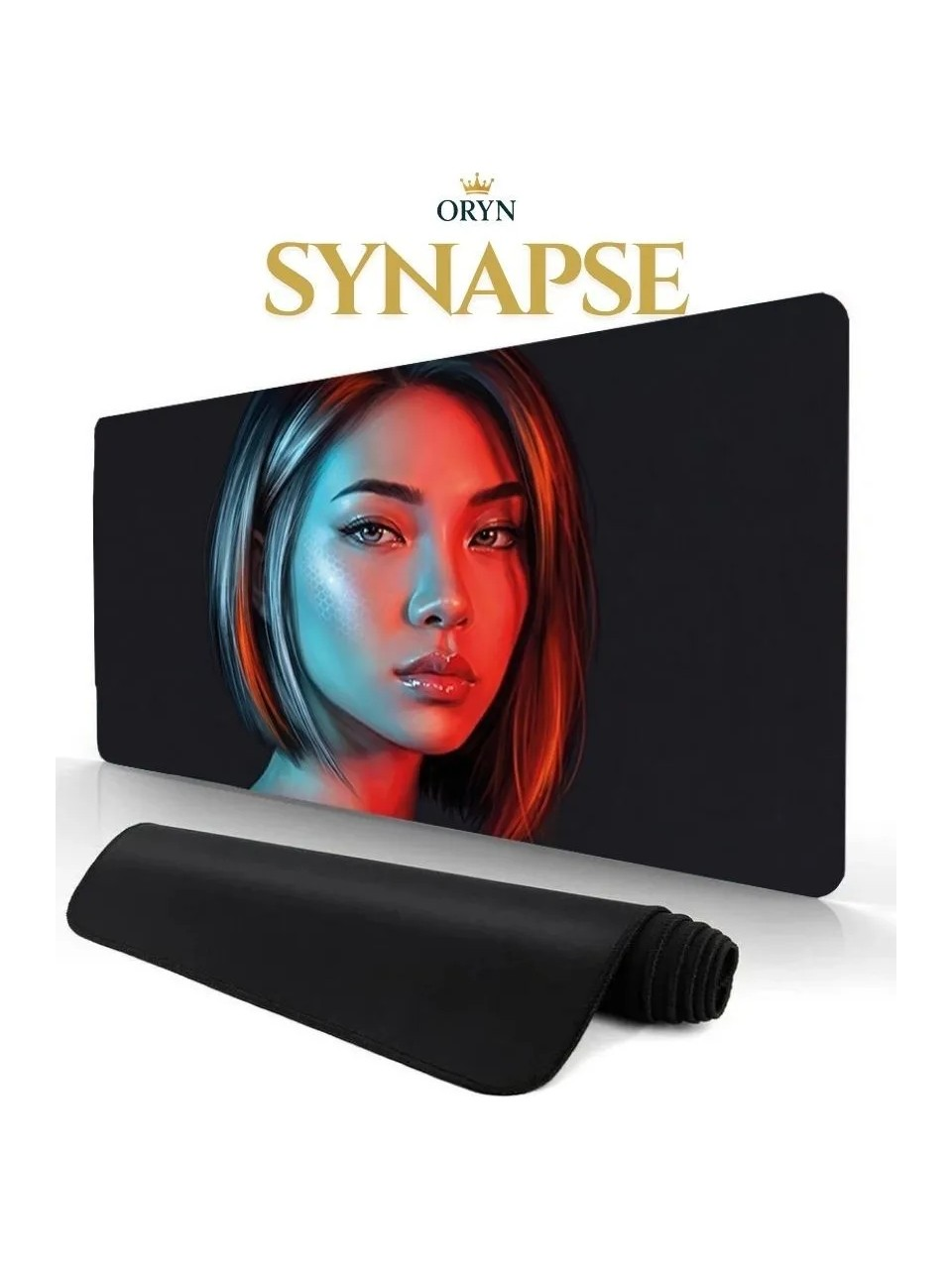 Kırmızı ve mavi ışıkla aydınlatılmış genç bir kadının portresini içeren mousepad.