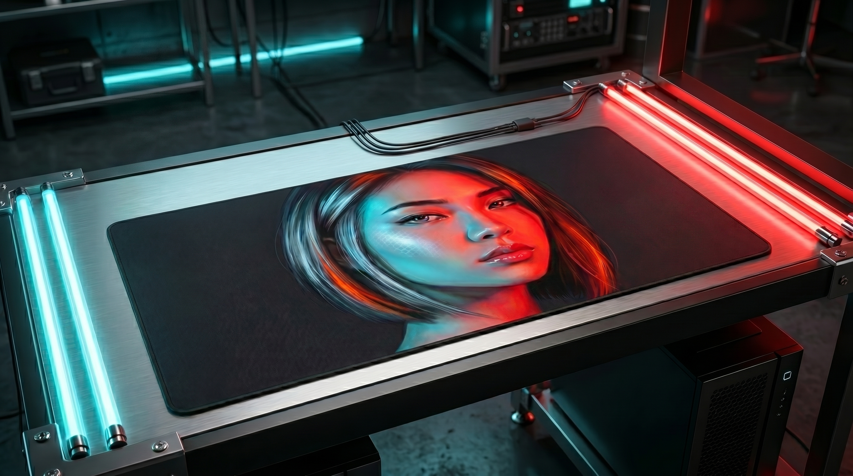 Yüz grafikli mousepad'li bir masa, kırmızı ve mavi ışıklarla aydınlatılmış.
