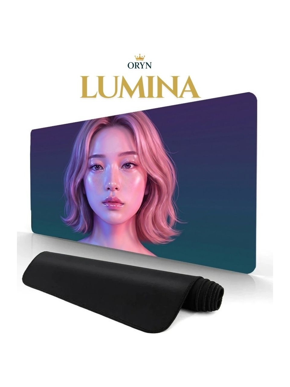 Genç bir kadının başının ve ORYN LUMINA yazısının yer aldığı bir mousepad.