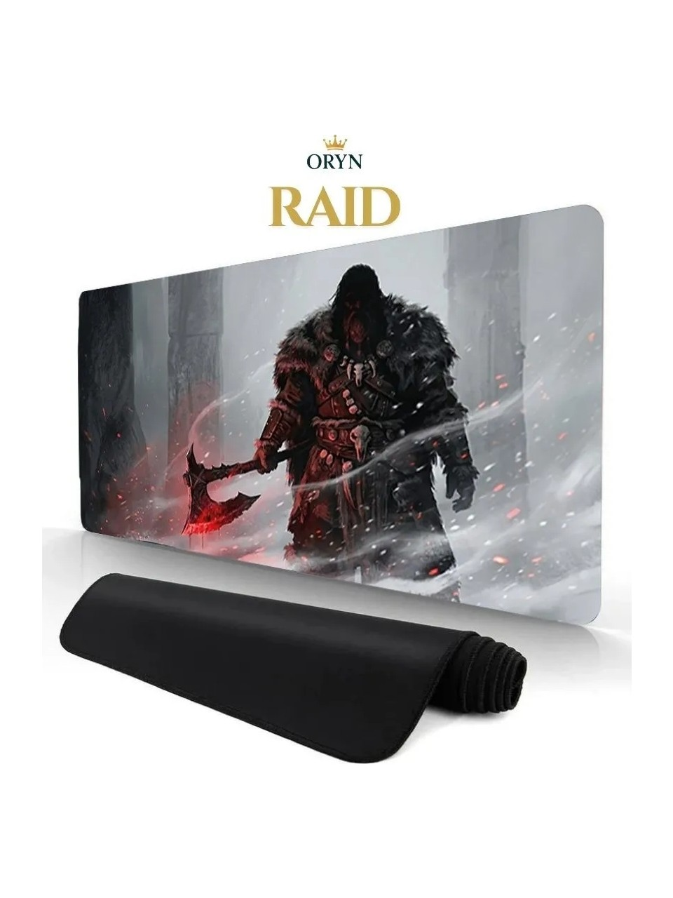 Baltalı bir savaşçı karlı manzarada duruyor. Metin: ORYN RAID.