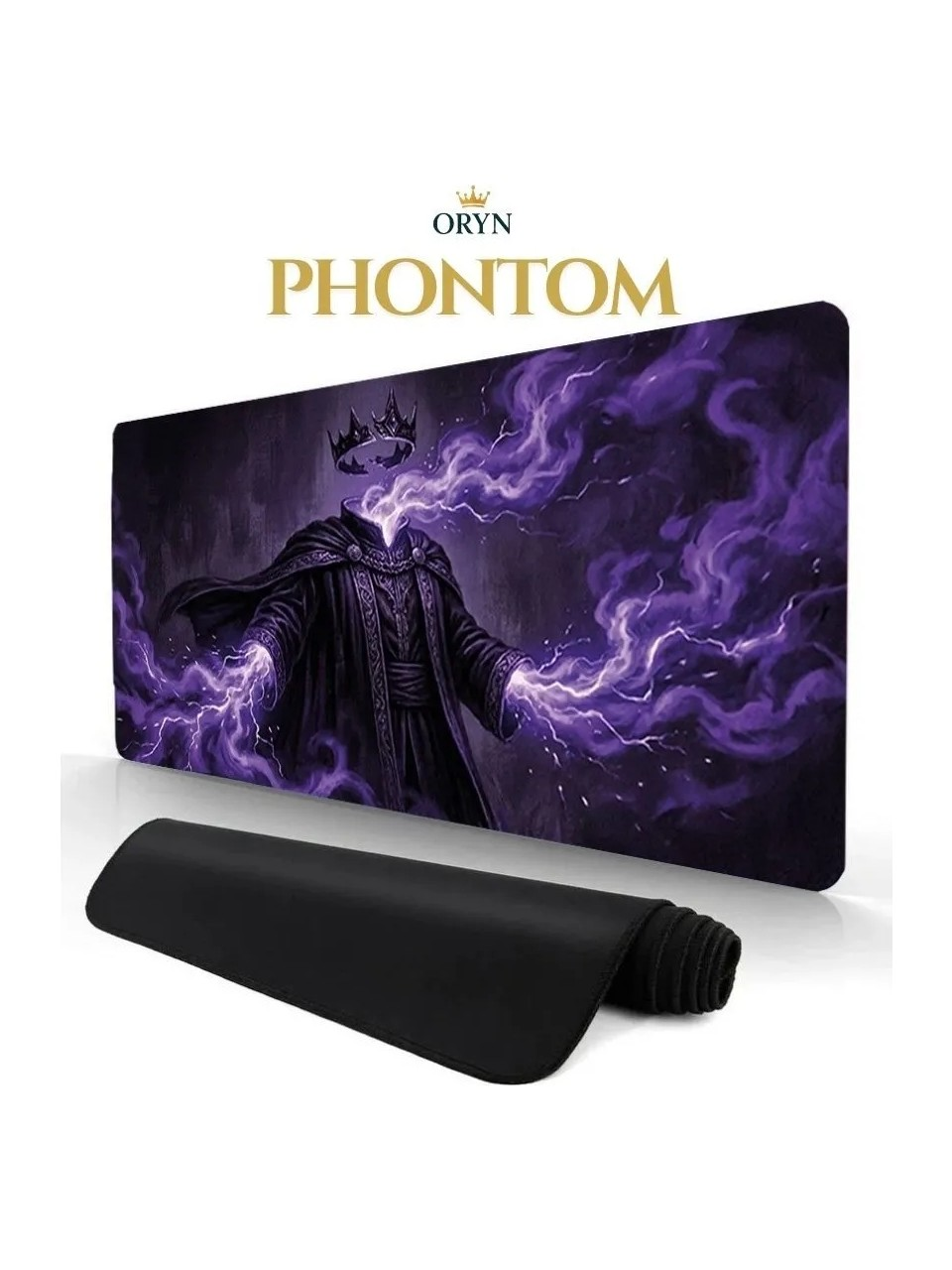 Mor duman ve şimşeklerle tasvir edilmiş, başsız bir kralı gösteren mousepad.