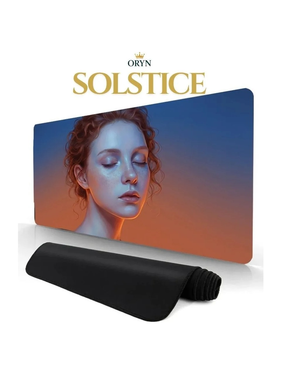 Kapalı gözlü bir kadının portresi, üzerinde "ORYN SOLSTICE" yazılı bir fare altlığında.