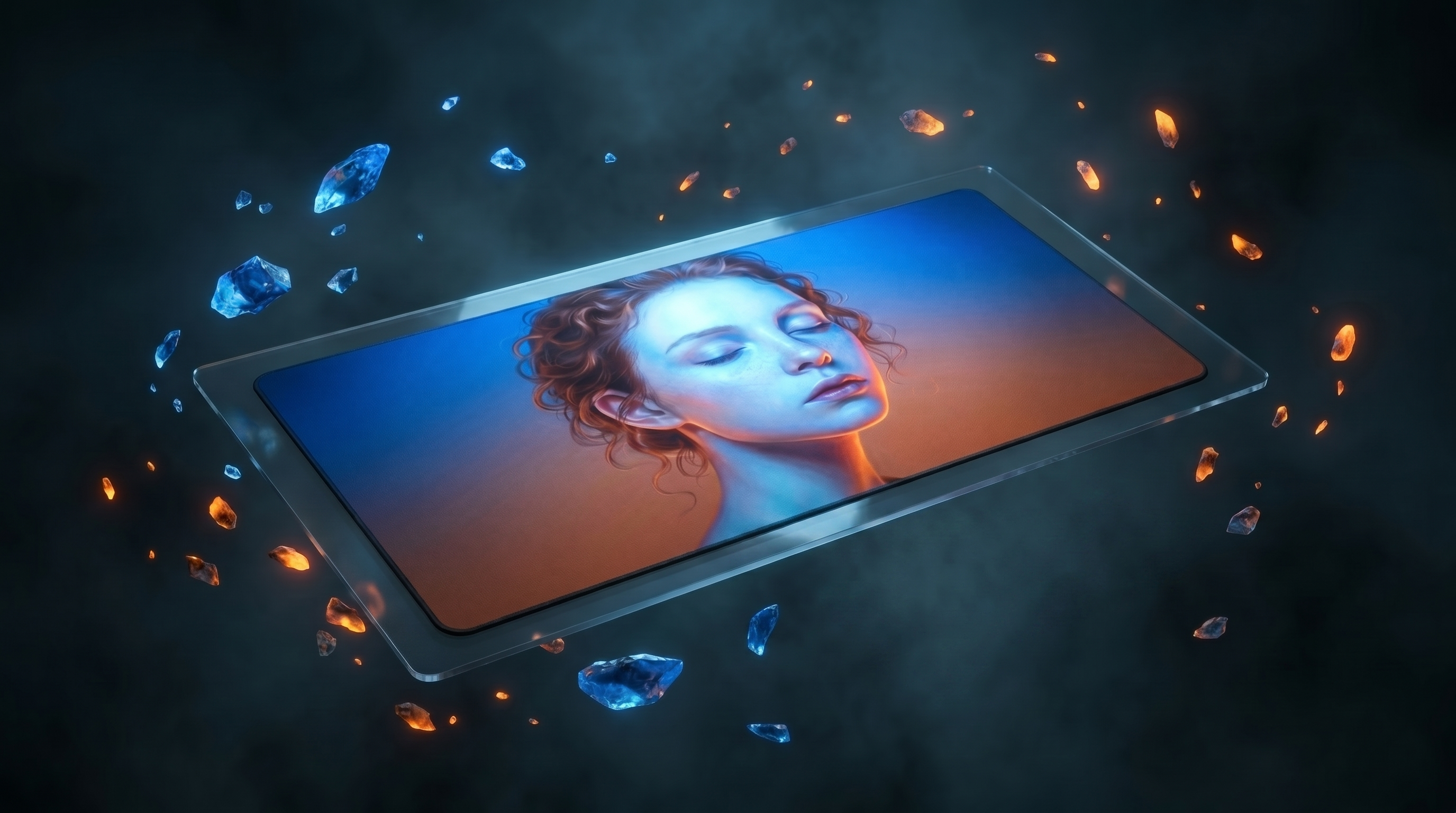 Bir tablet, yüzen mavi ve turuncu kristallerle çevrili bir kadının portresini gösteriyor.