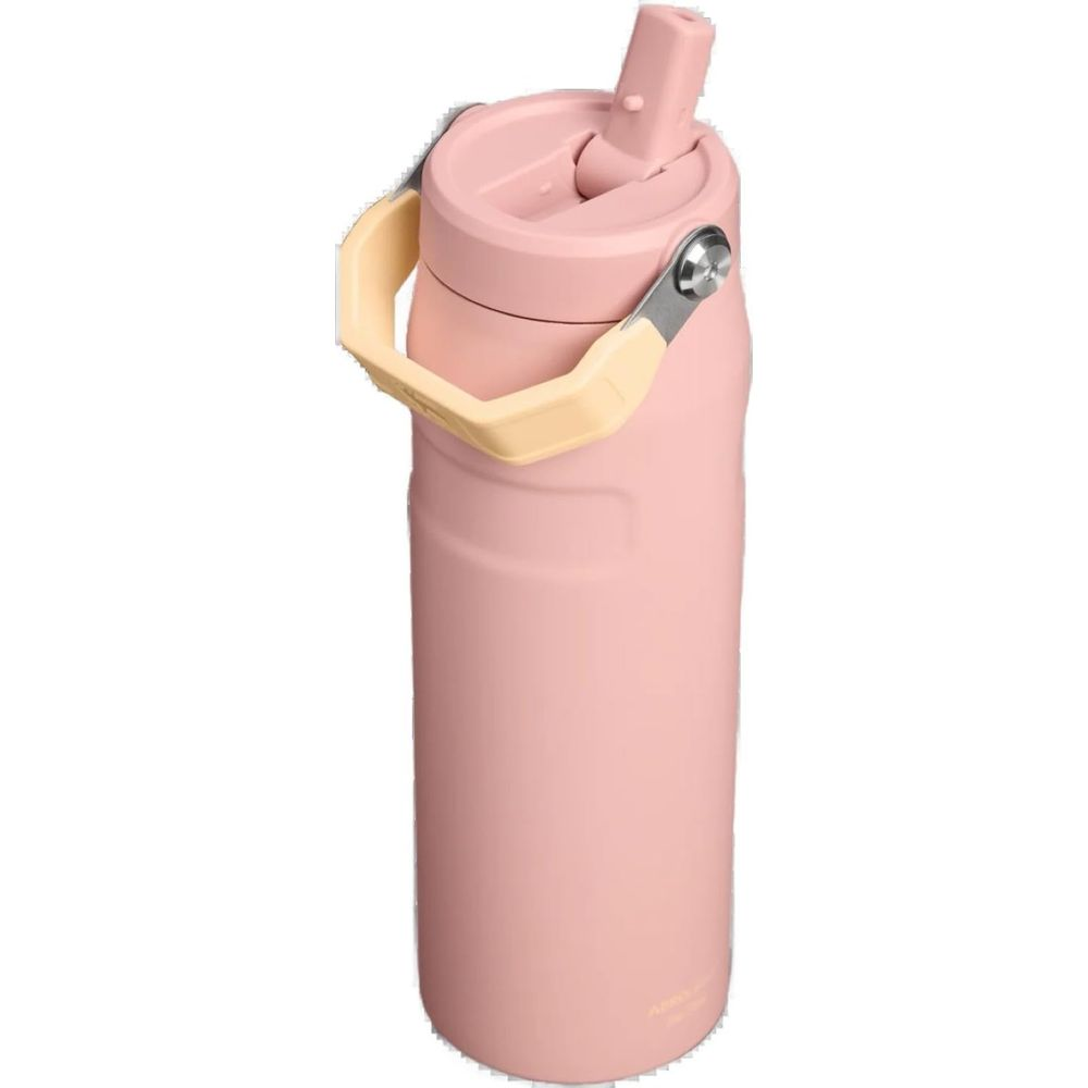 Açık renkli saplı, pipetli kapaklı pembe su şişesi.