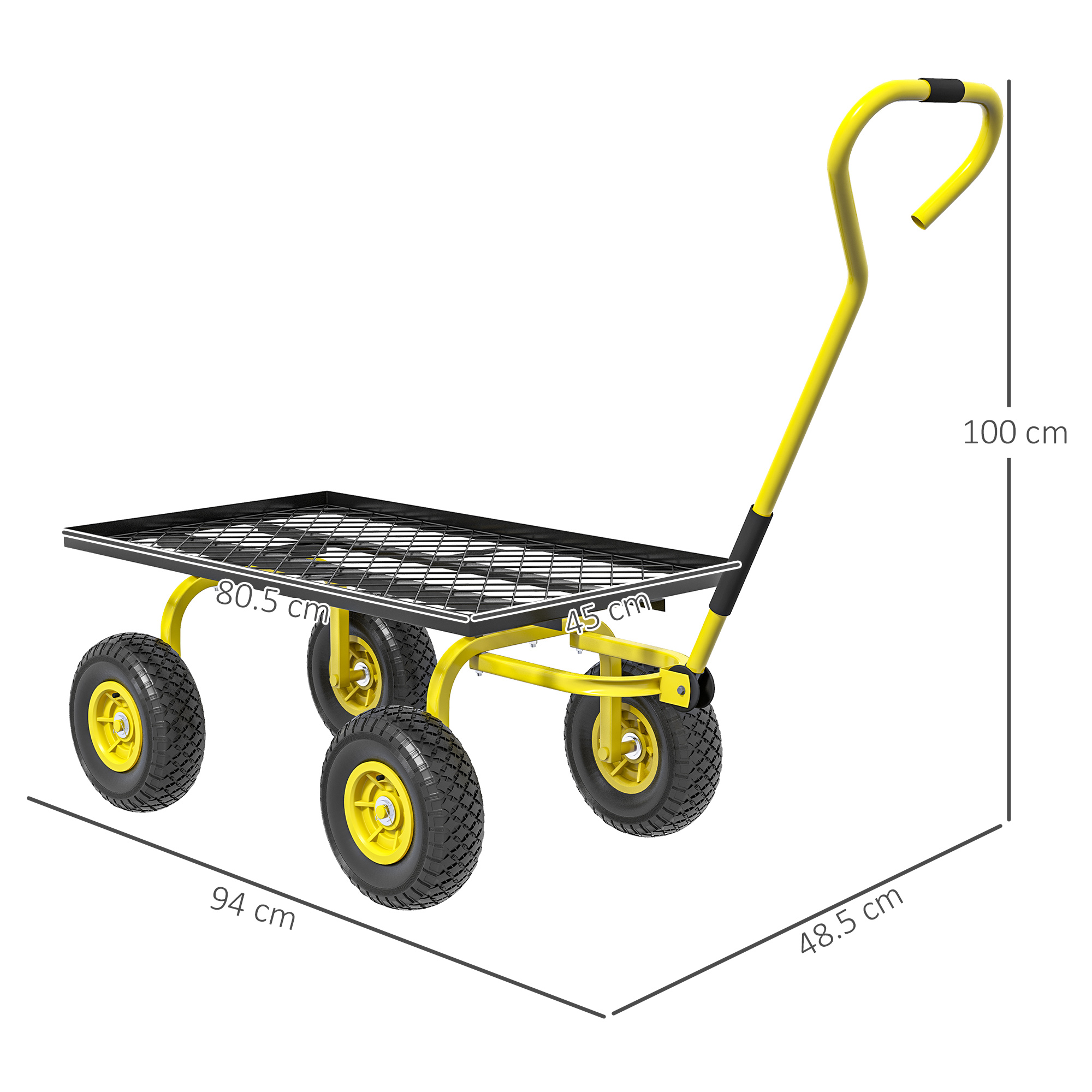 Un carrello da giardino giallo con quattro ruote, pianale piatto e manico curvo.