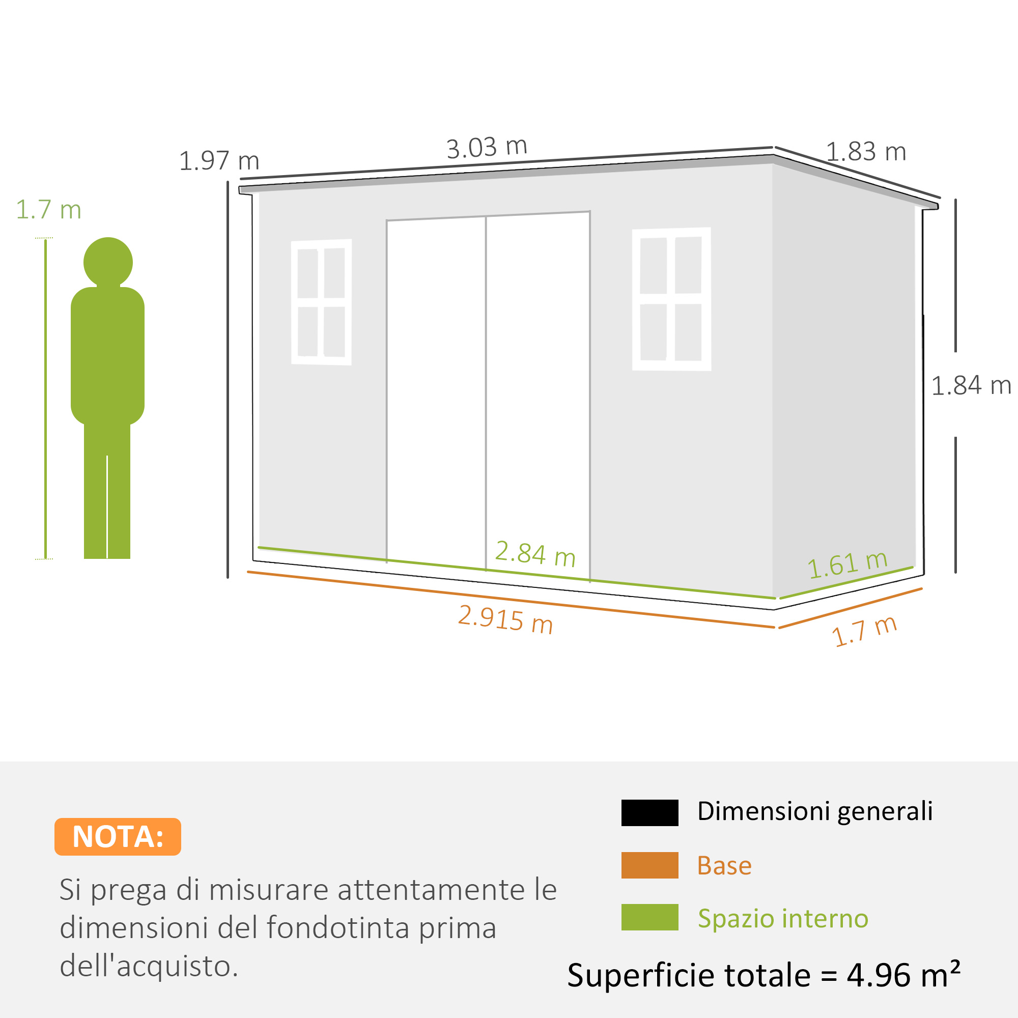 Planta di una tettoia con dimensioni e una figura stilizzata verde.