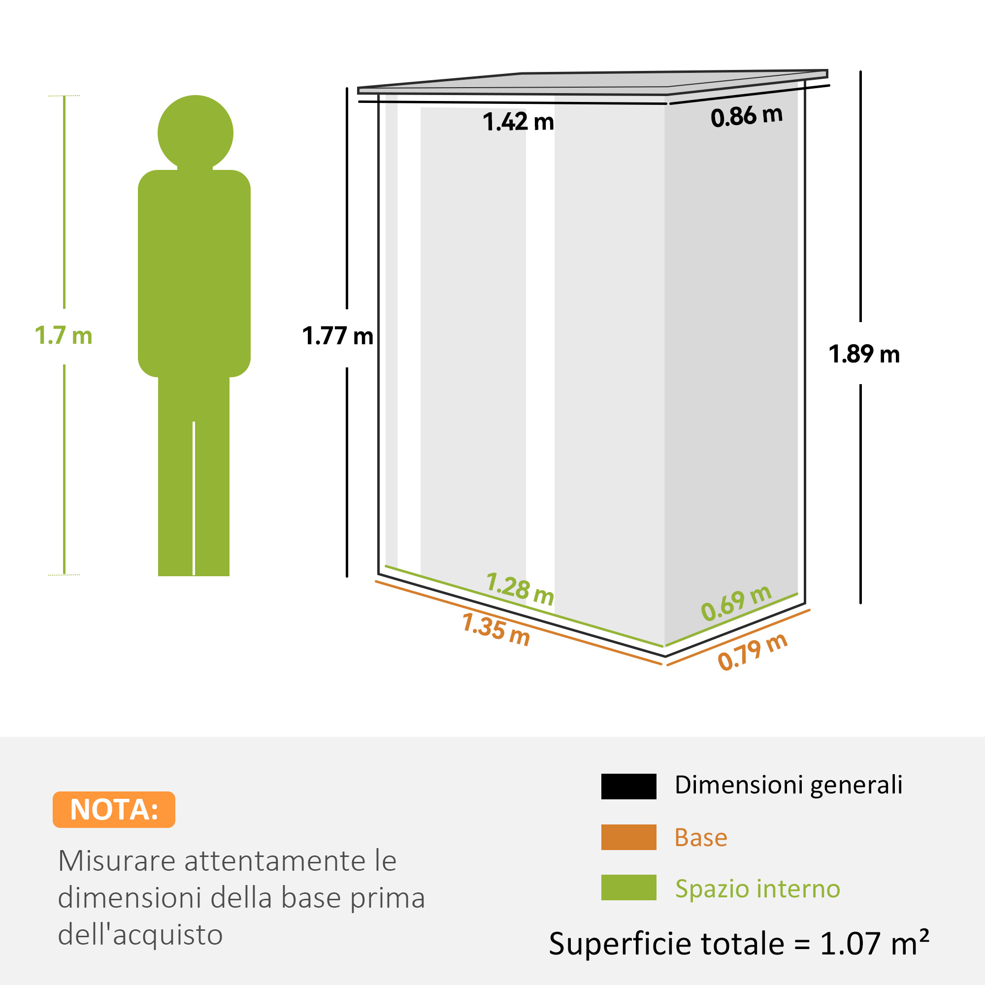 Diagramma di pianta doccia con misure e silhouette persona.