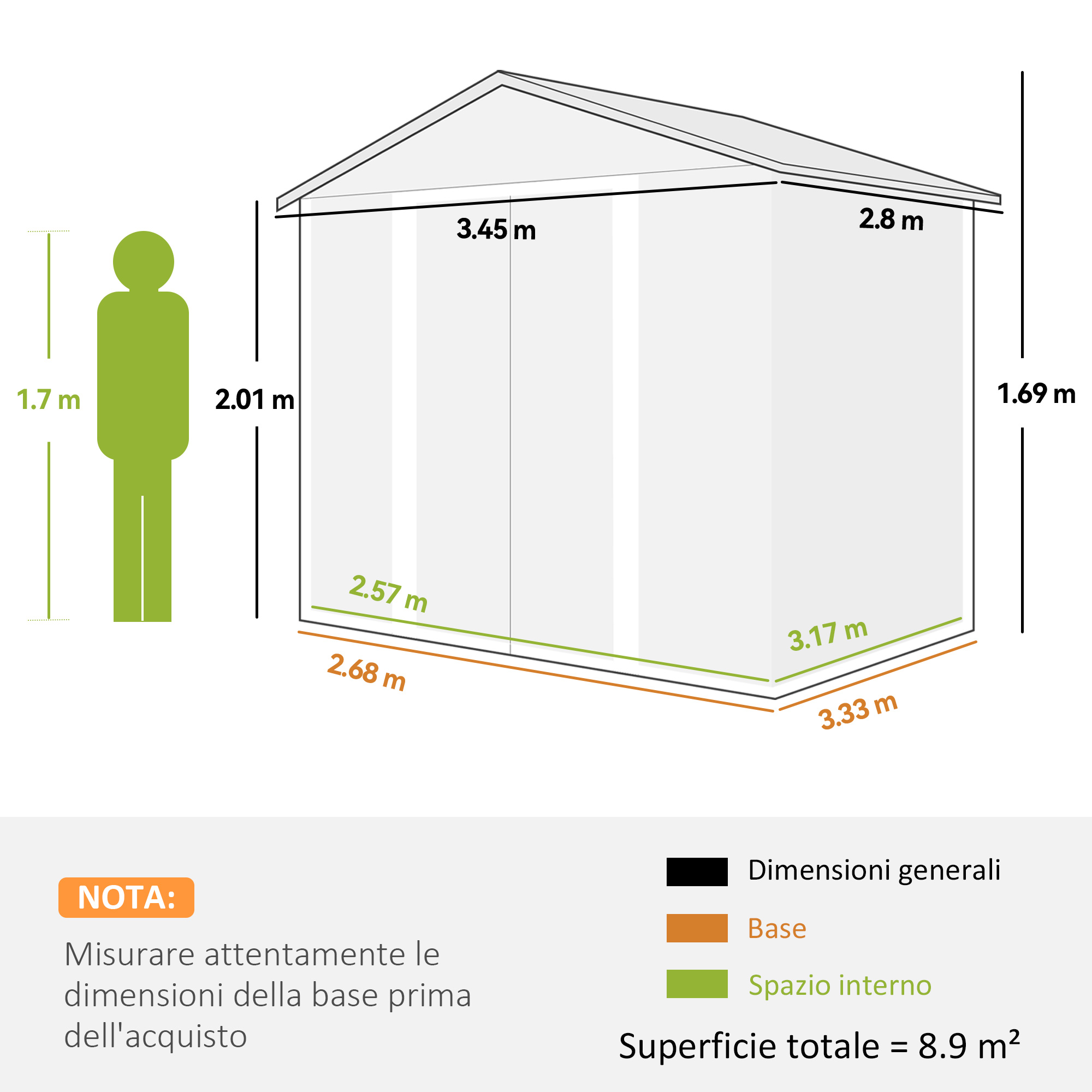 Illustrazione di un capanno con dimensioni e una figura. Superficie totale 8,9 m².