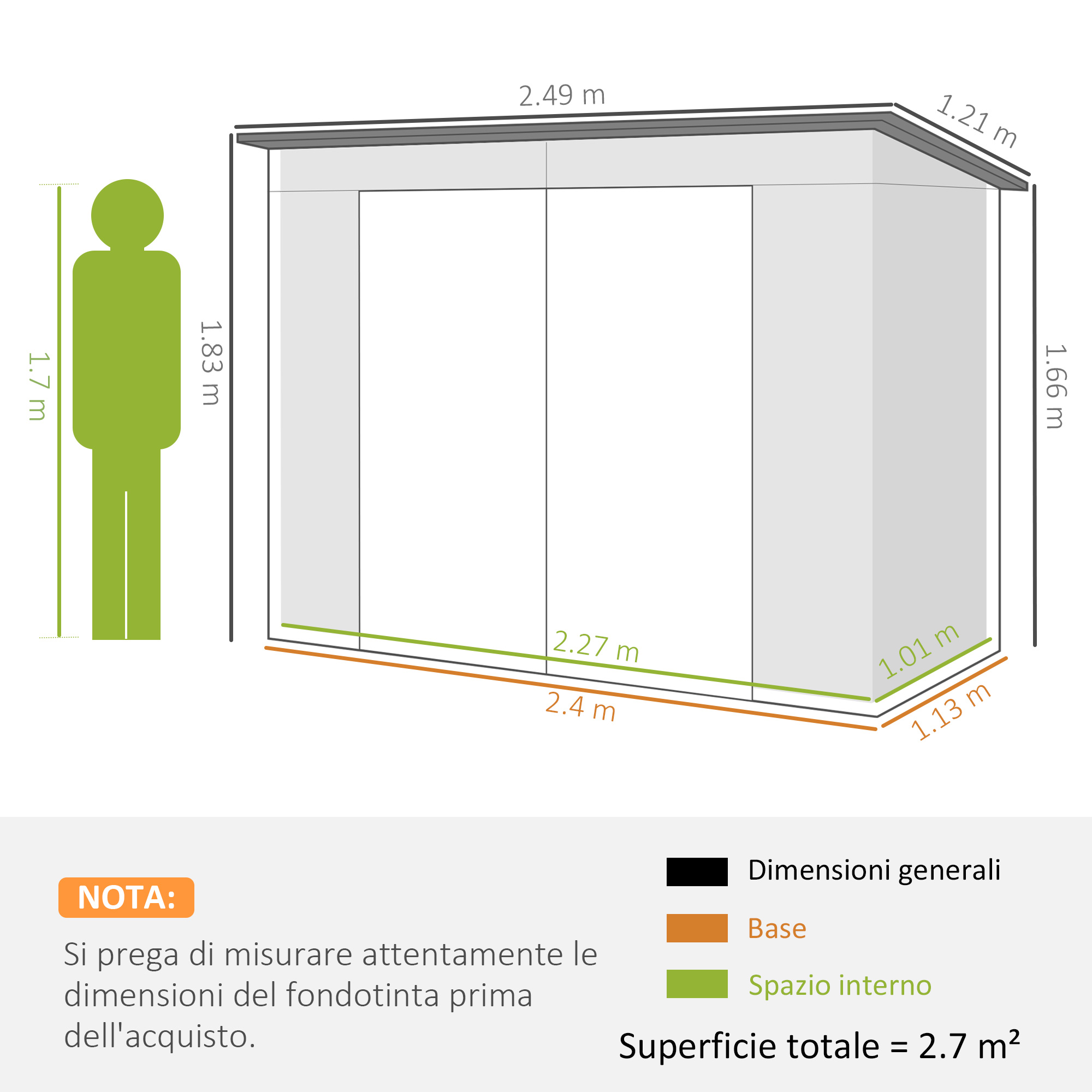 Illustrazione mostra un armadio con dimensioni e una silhouette umana.