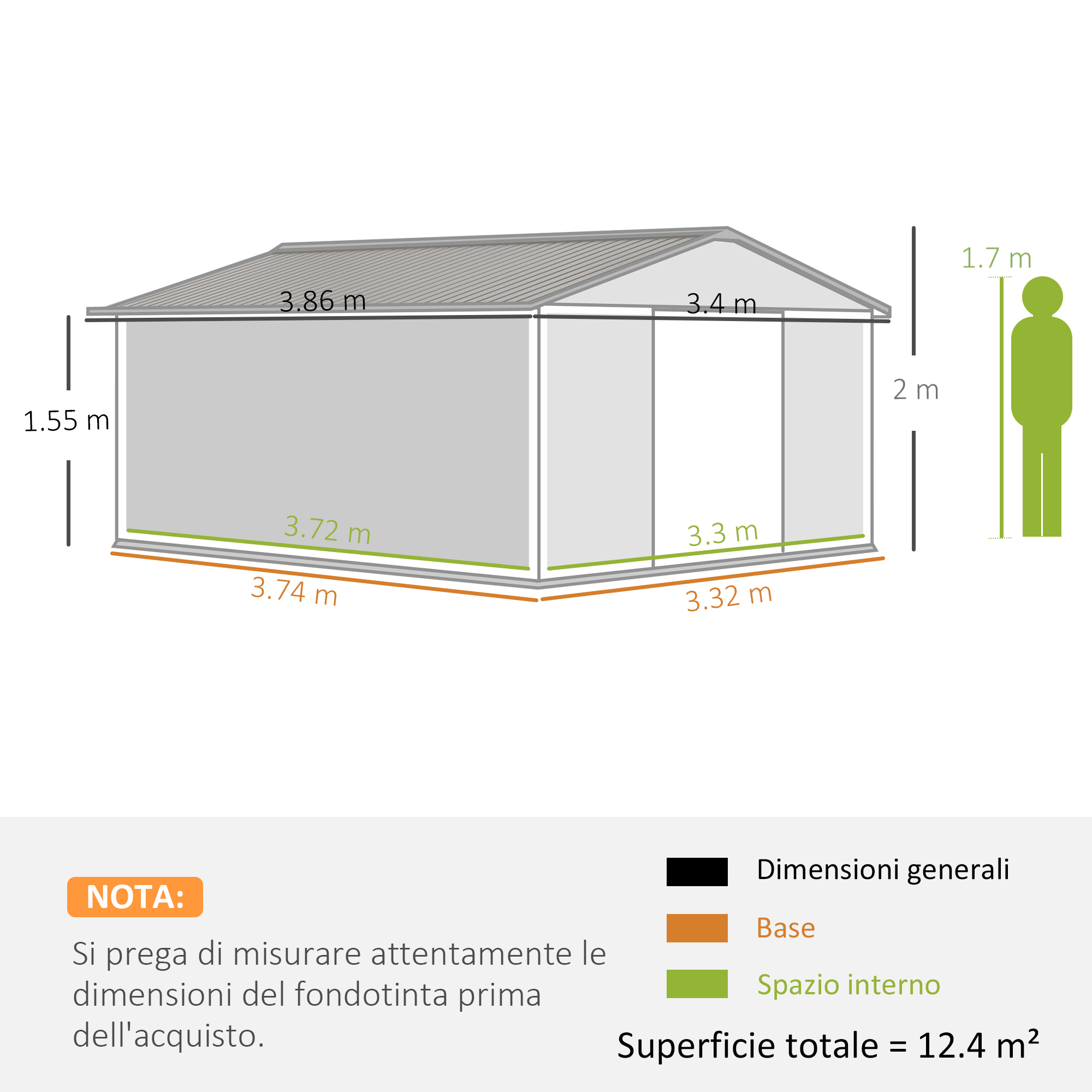Illustrazione di una tettoia con dimensioni e una persona stilizzata.
