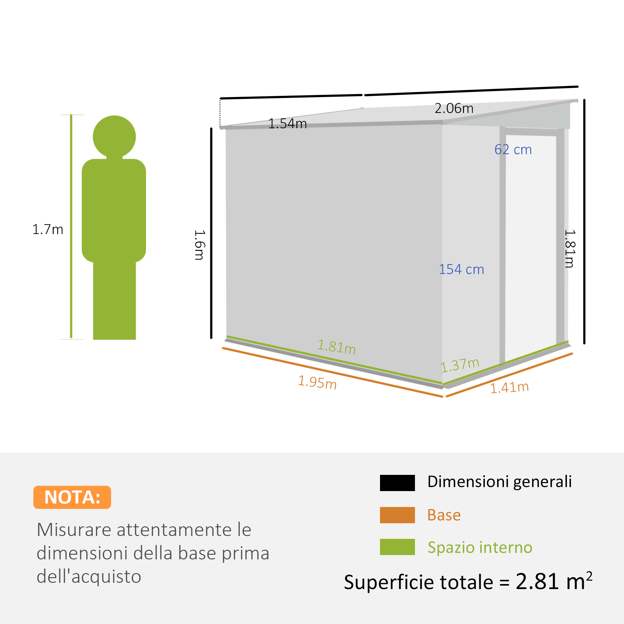 Illustrazione di un capanno con dimensioni. Una figura umana accanto indica l'altezza.