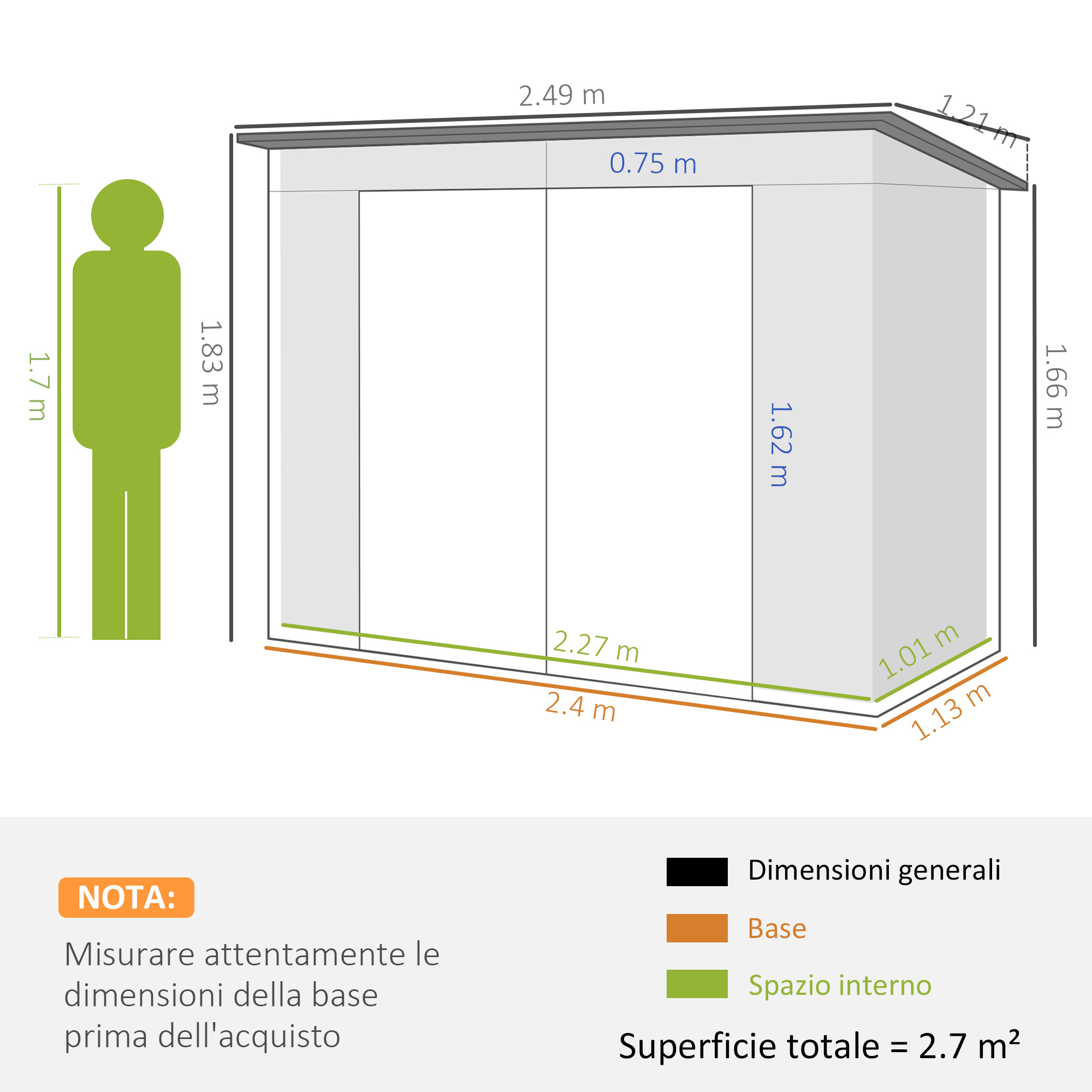 Schema di un capanno con dimensioni. A sinistra, un contorno di persona verde (1,7 m).