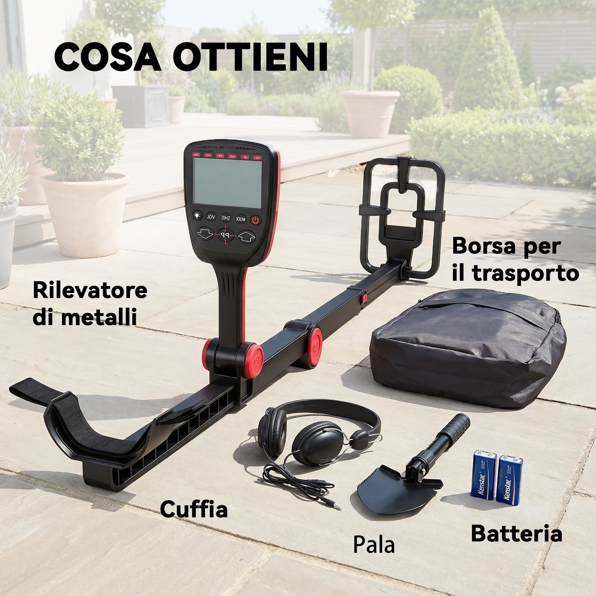 Un metal detector con accessori: cuffie, pala, borsa e batterie.