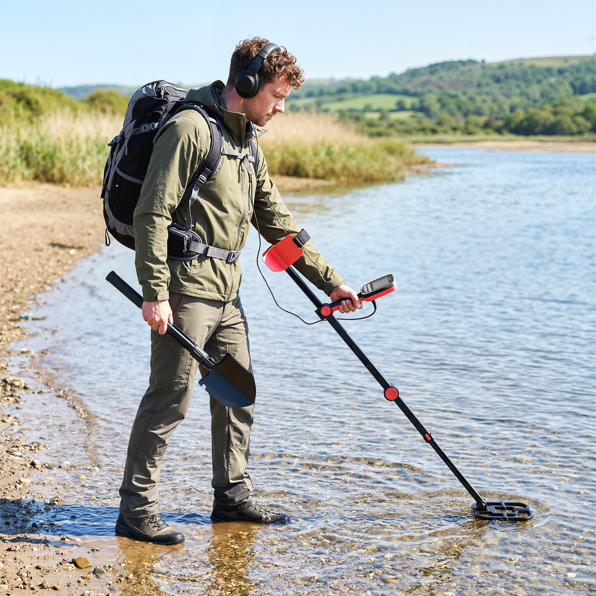 Uomo con metal detector e zaino nell'acqua in una giornata di sole.