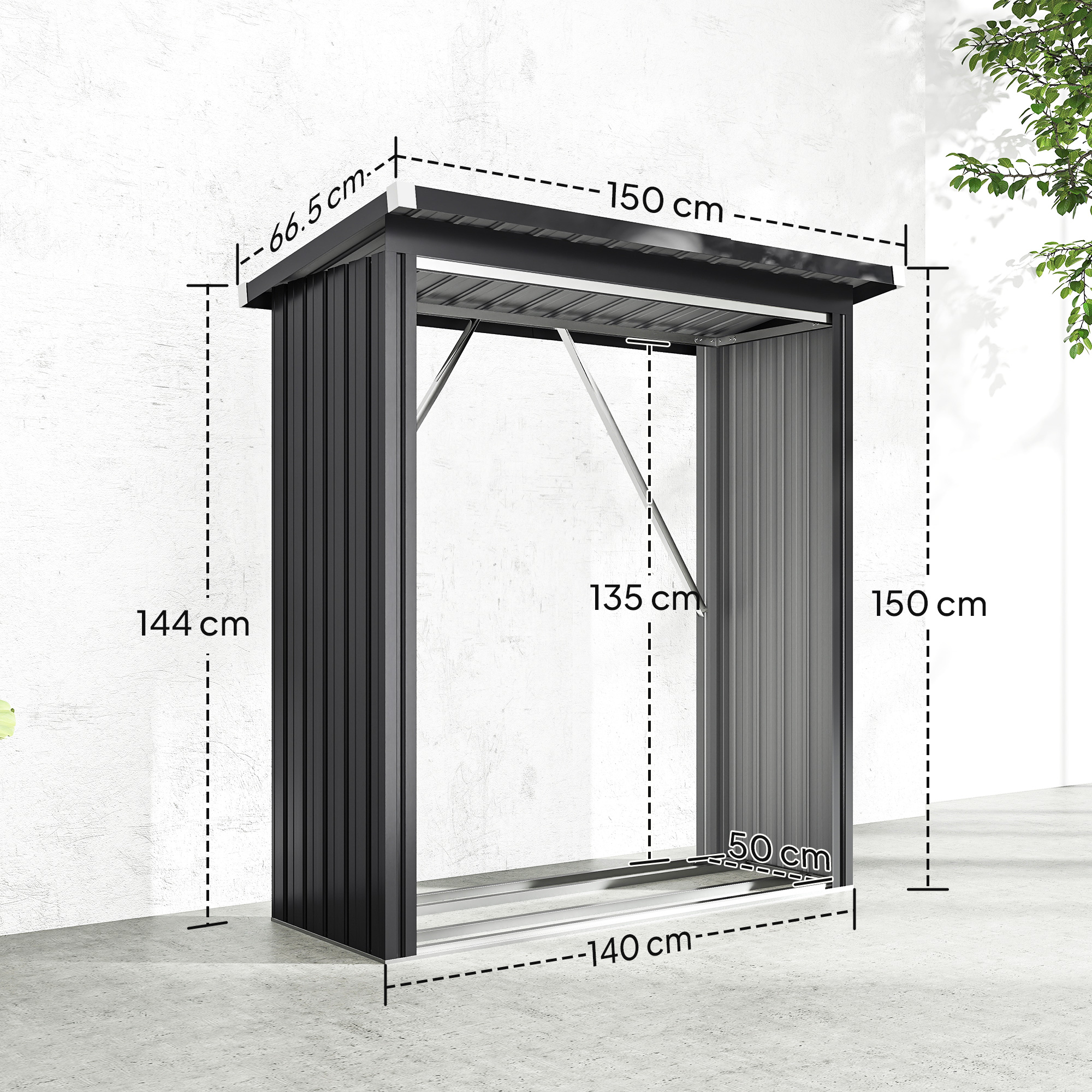 Una tettoia in metallo nero con porte aperte, dimensioni etichettate.