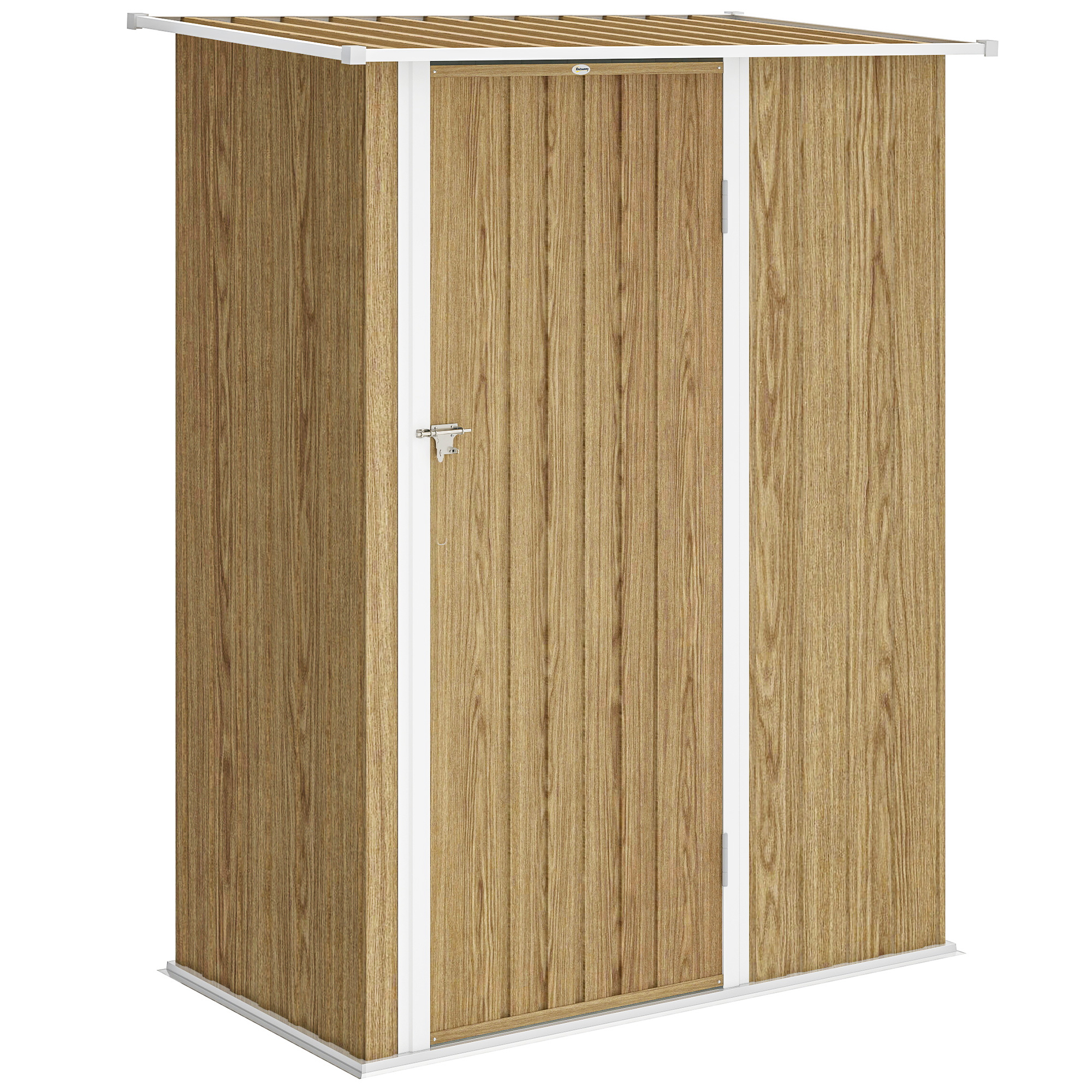 Una stretta tettoia di legno con telaio e tetto bianchi. La porta ha un chiavistello.