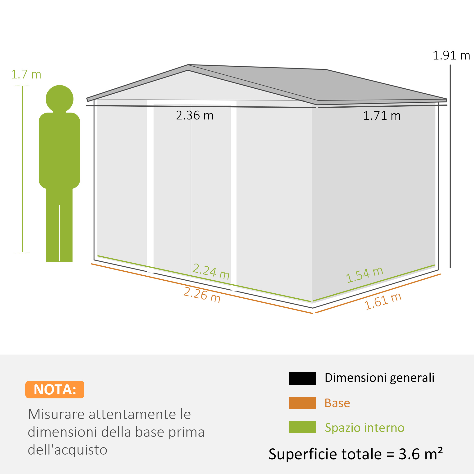 Illustrazione di un capanno con dimensioni e una figura umana.