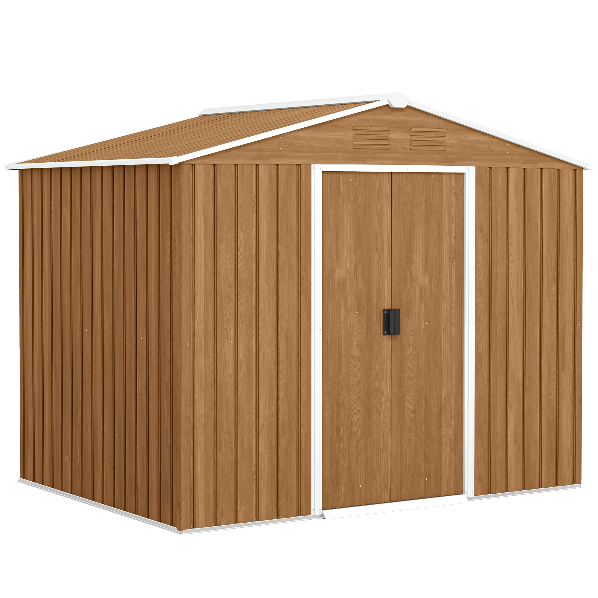 Un capanno da giardino in legno marrone con tetto bianco e doppia porta.
