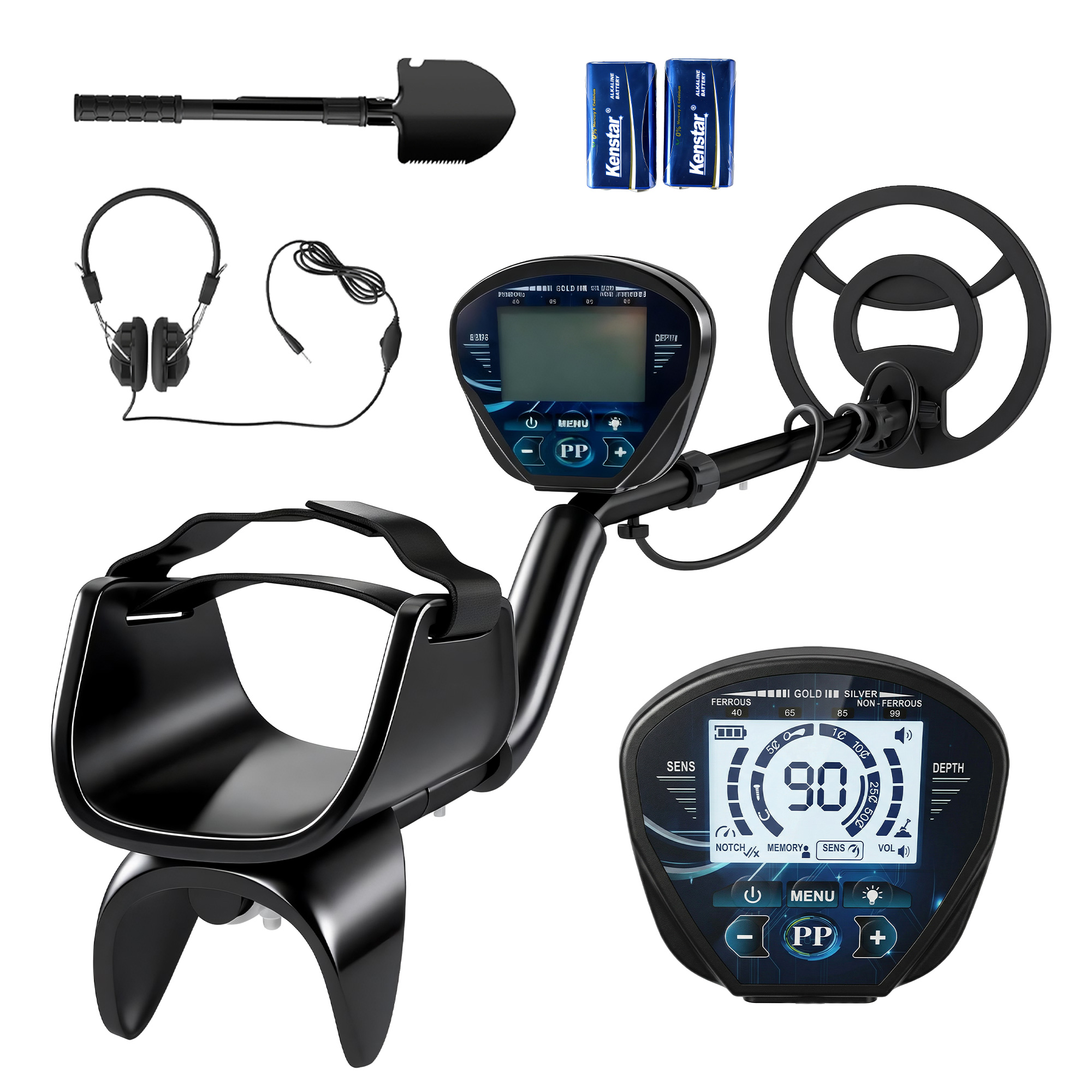 Un set di metal detector con bobina, manico, cuffie, pala e batterie.