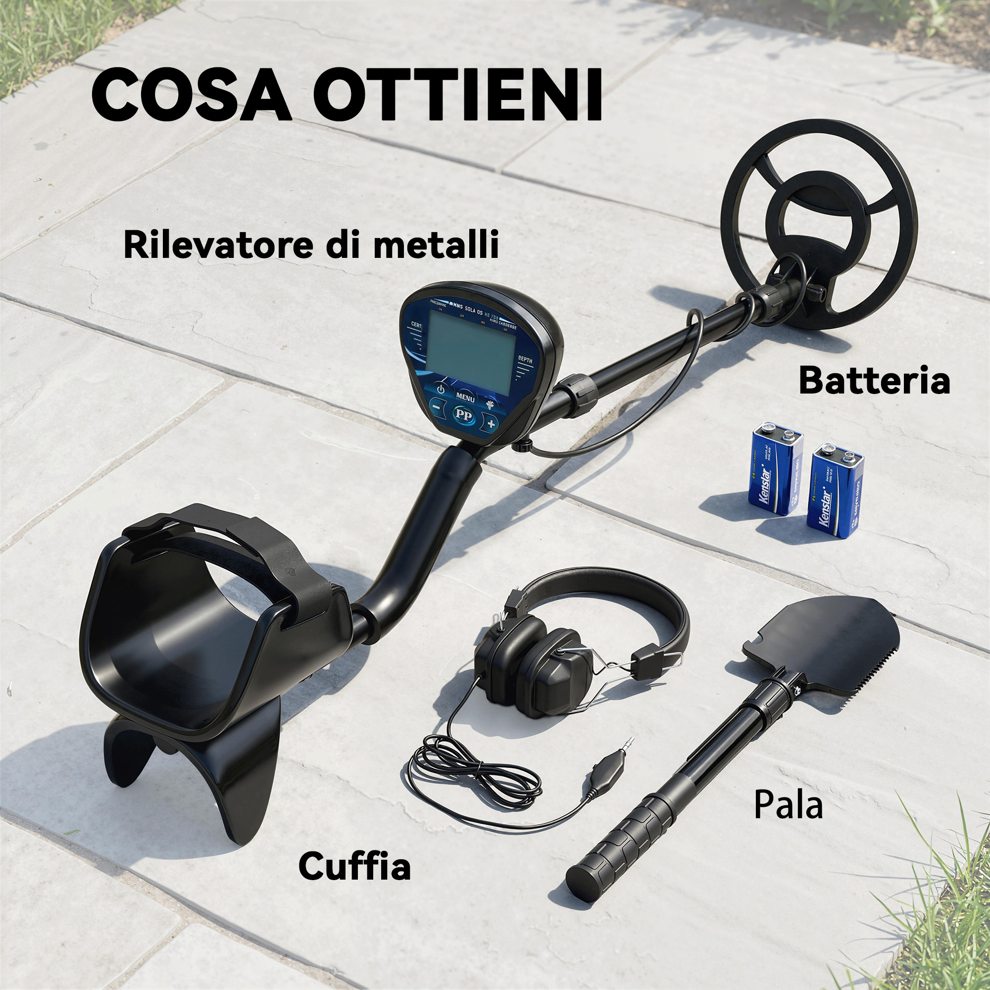 Un metal detector con bobina, cuffie, pala e batterie.