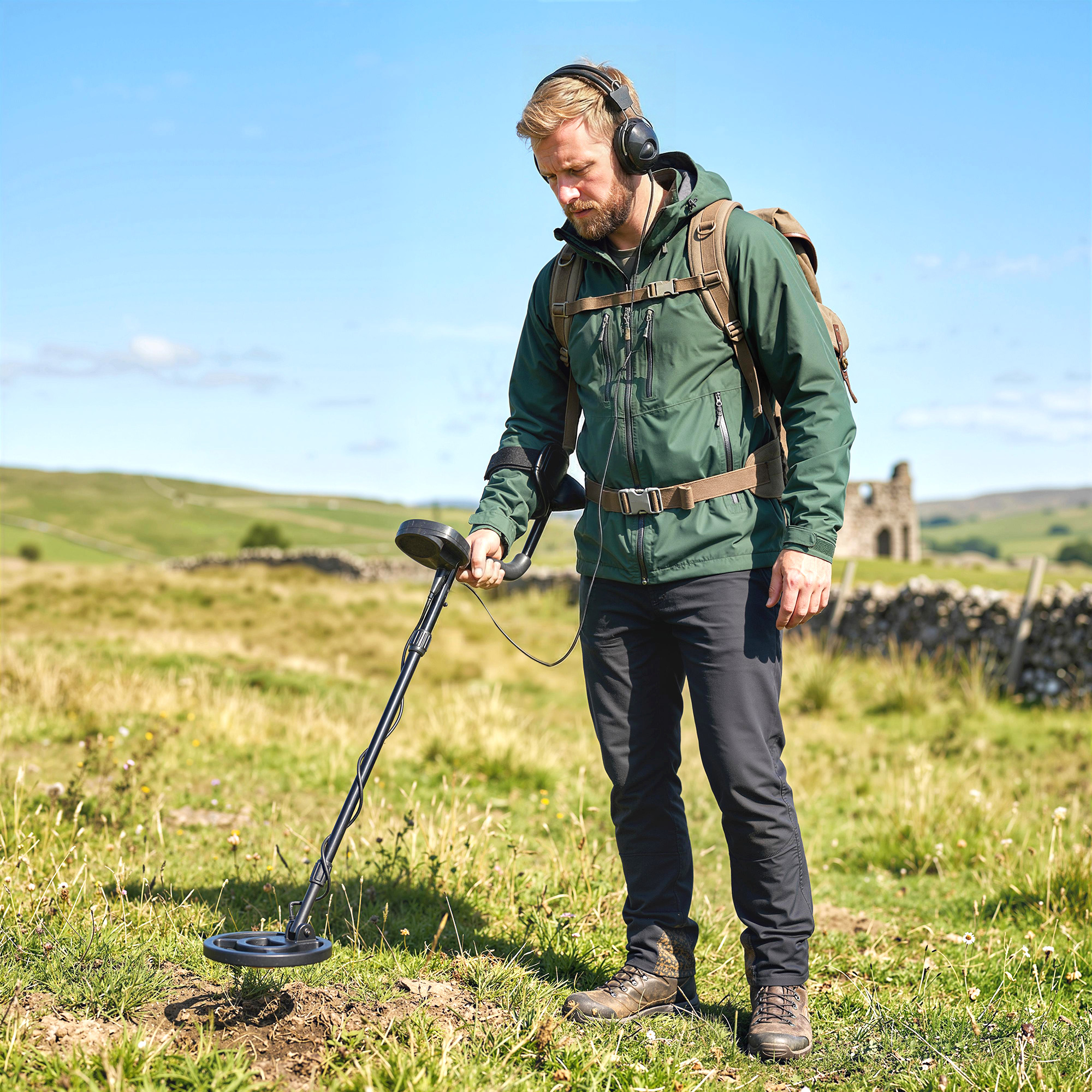 Uomo con metal detector e zaino all'aperto, rovine sullo sfondo.