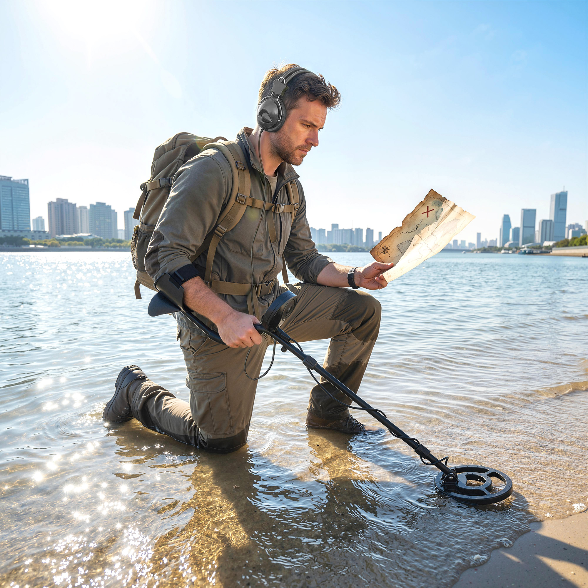 Un uomo con cuffie e zaino usa un metal detector sulla spiaggia, esaminando una mappa del tesoro.