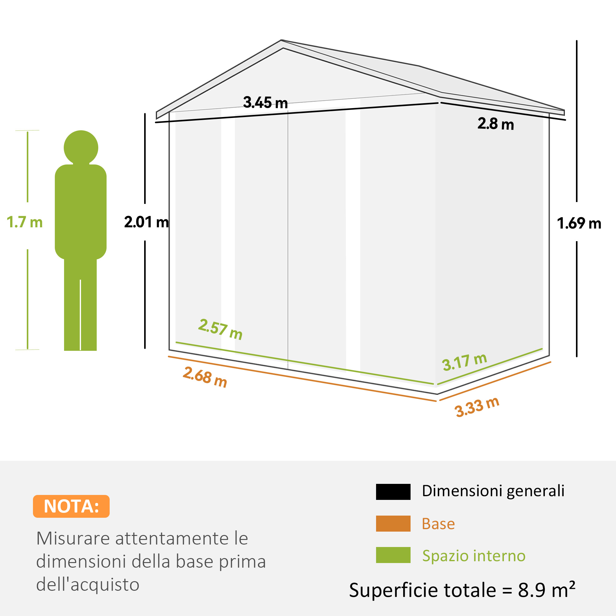 Illustrazione di un capanno con dimensioni e figura umana. Superficie totale 8.9m².