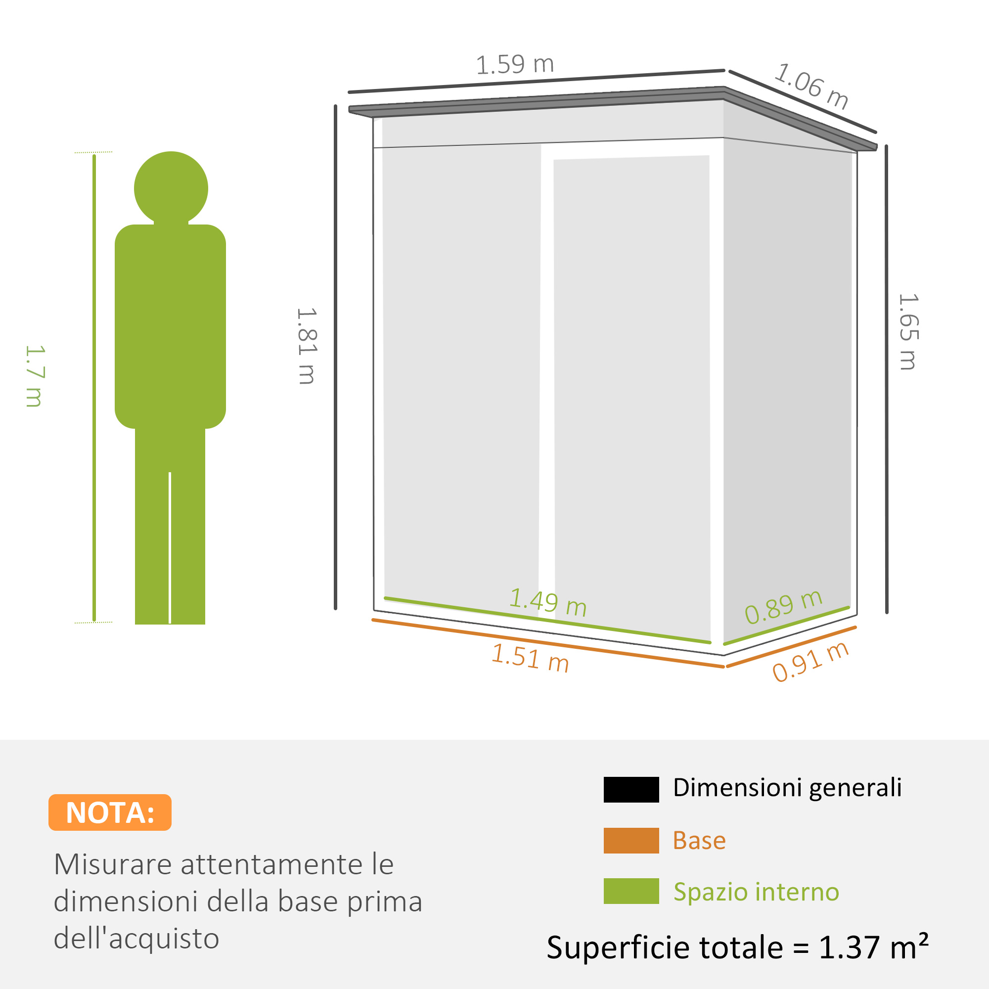Schema di un capanno con dimensioni e silhouette umana.