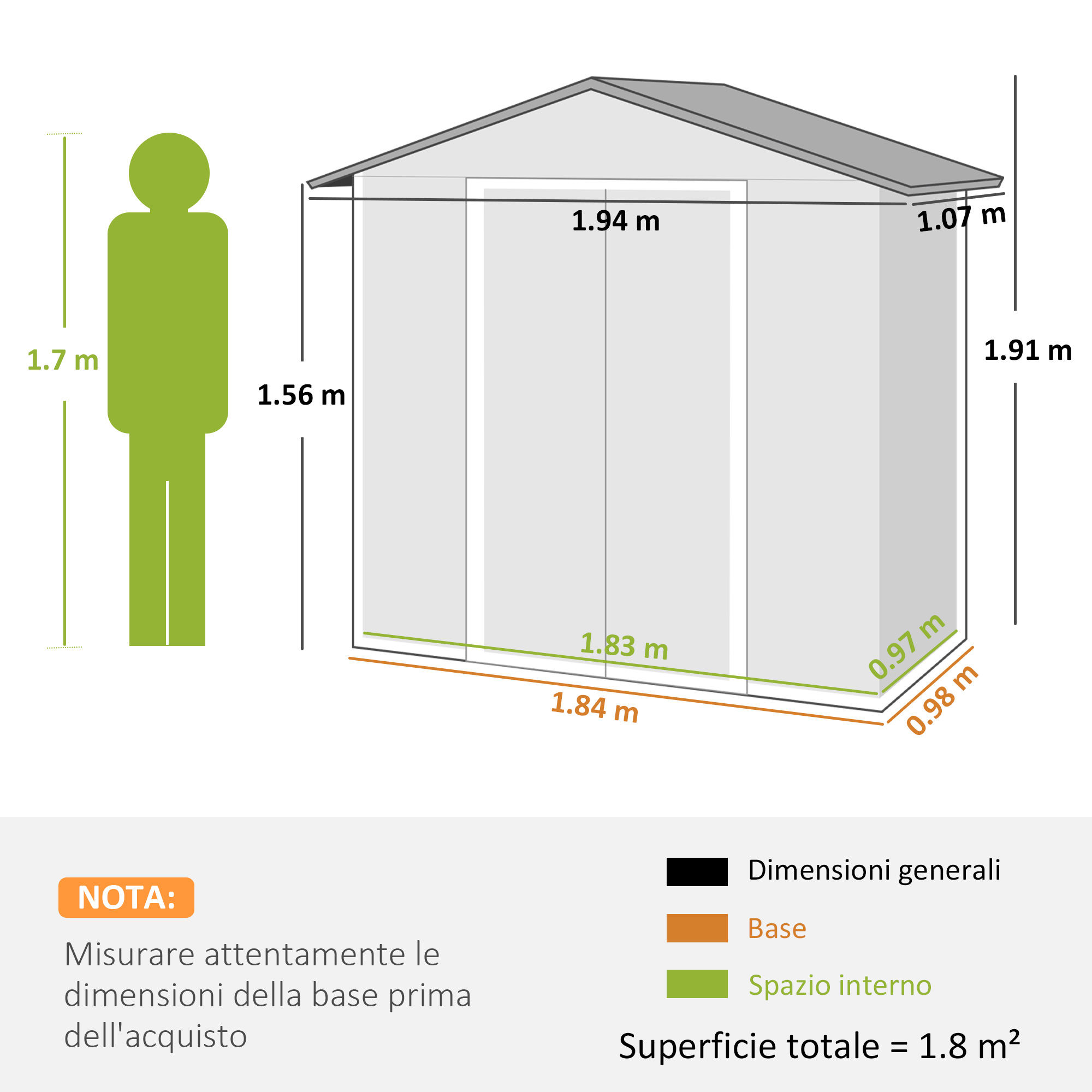 Diagramma di un capanno con dimensioni e figura verde. Superficie totale 1,8 m².