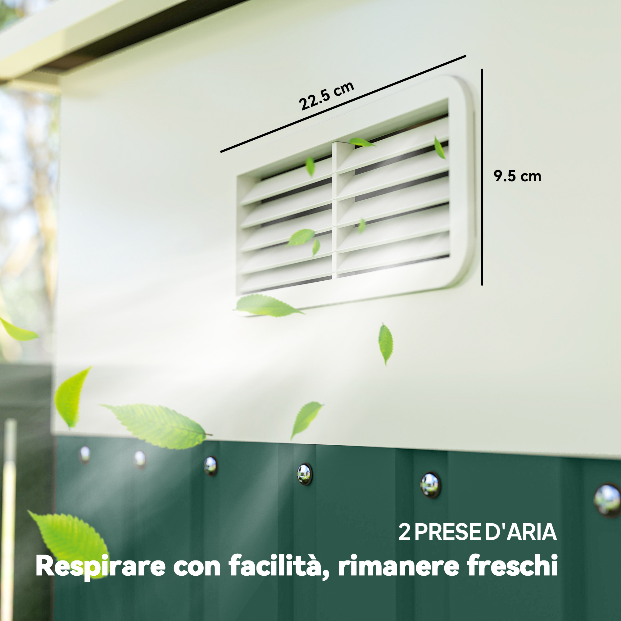 Griglie di ventilazione bianche con foglie verdi che volano.