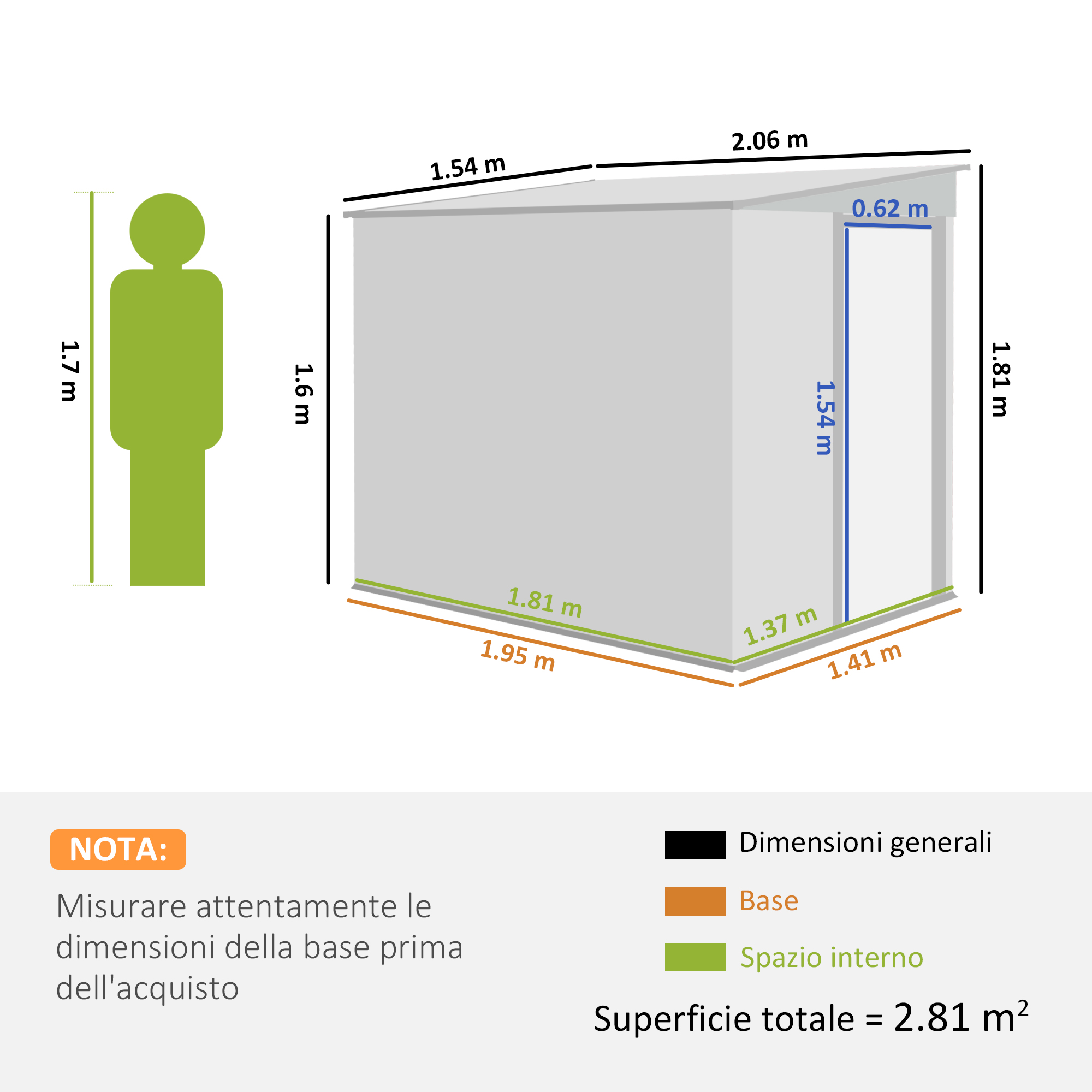 Diagramma delle dimensioni di un capanno con una persona per confronto.