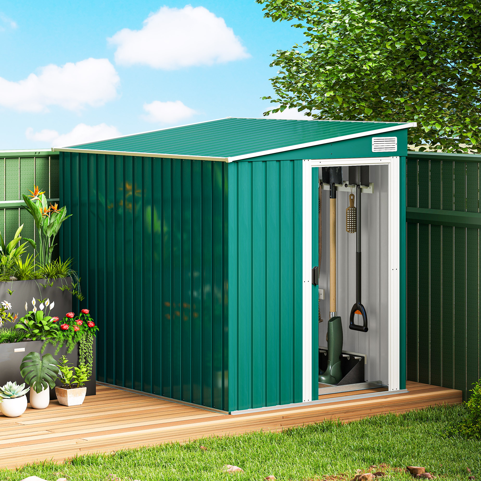 Un capanno da giardino verde con porta aperta, che mostra attrezzi e stivali.