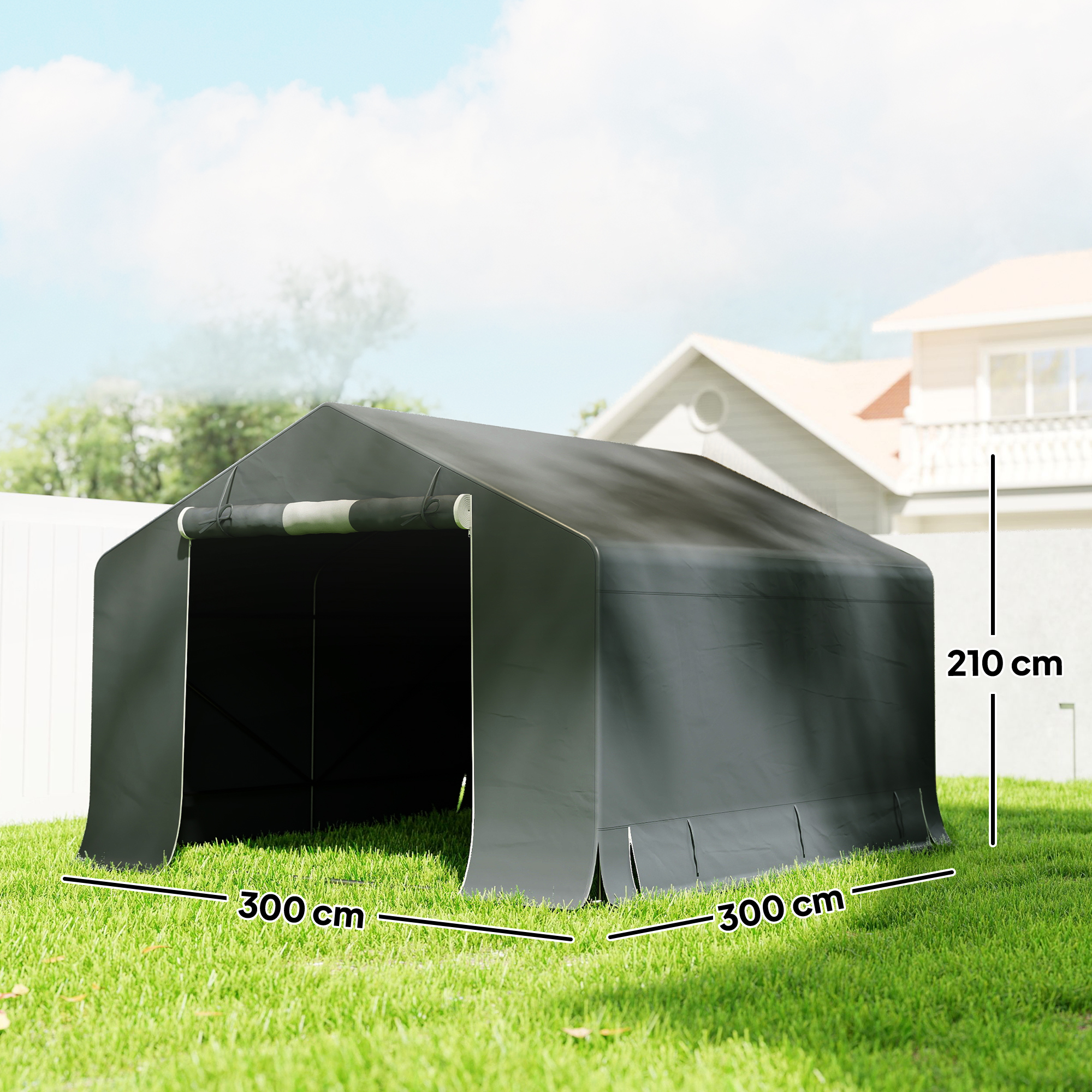 Tenda grigia in un cortile, 300x300x210 cm, con ingresso aperto.