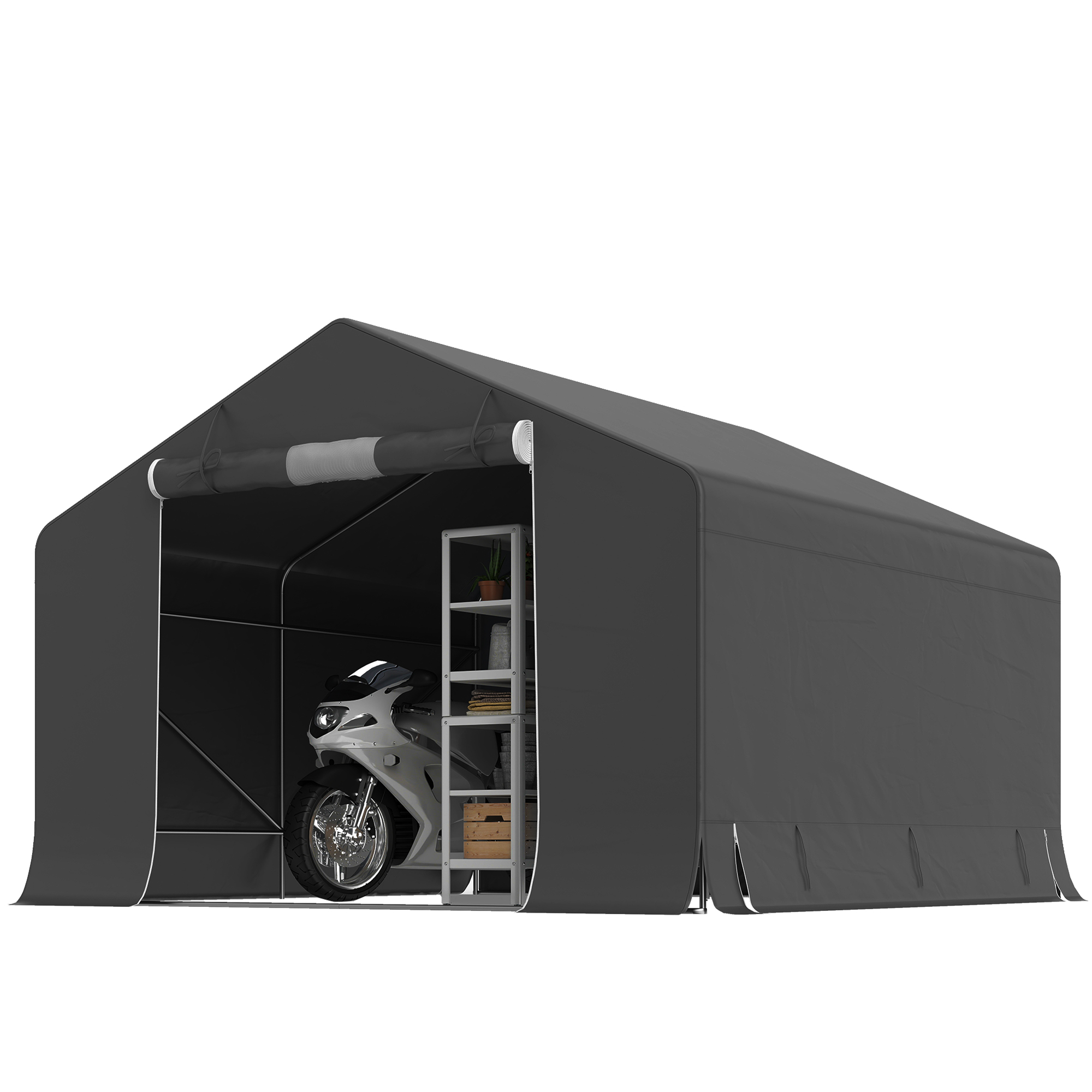 Una tenda grigia con moto e scaffali all'interno, su sfondo bianco.