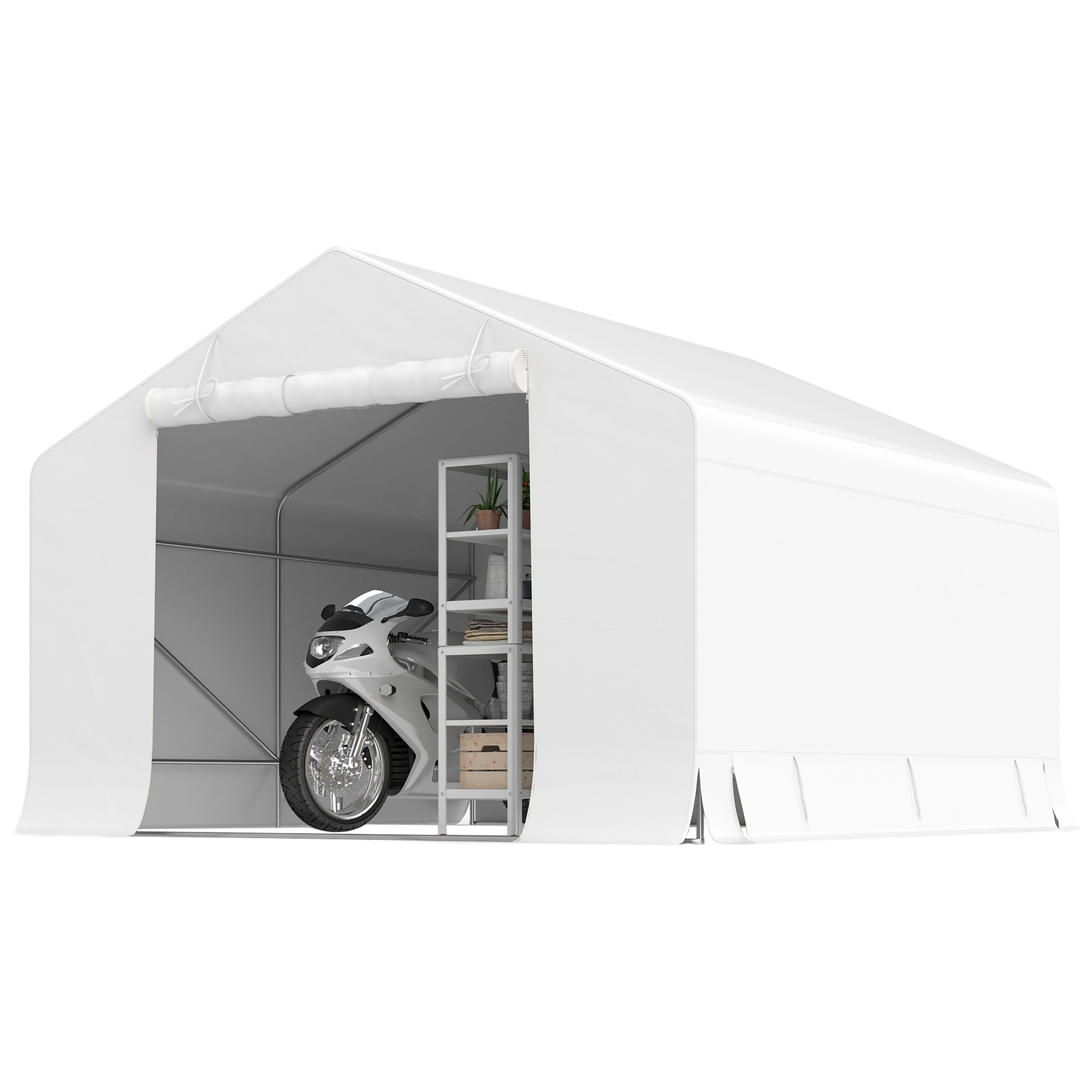 Una tenda bianca con una moto e scaffali all'interno.