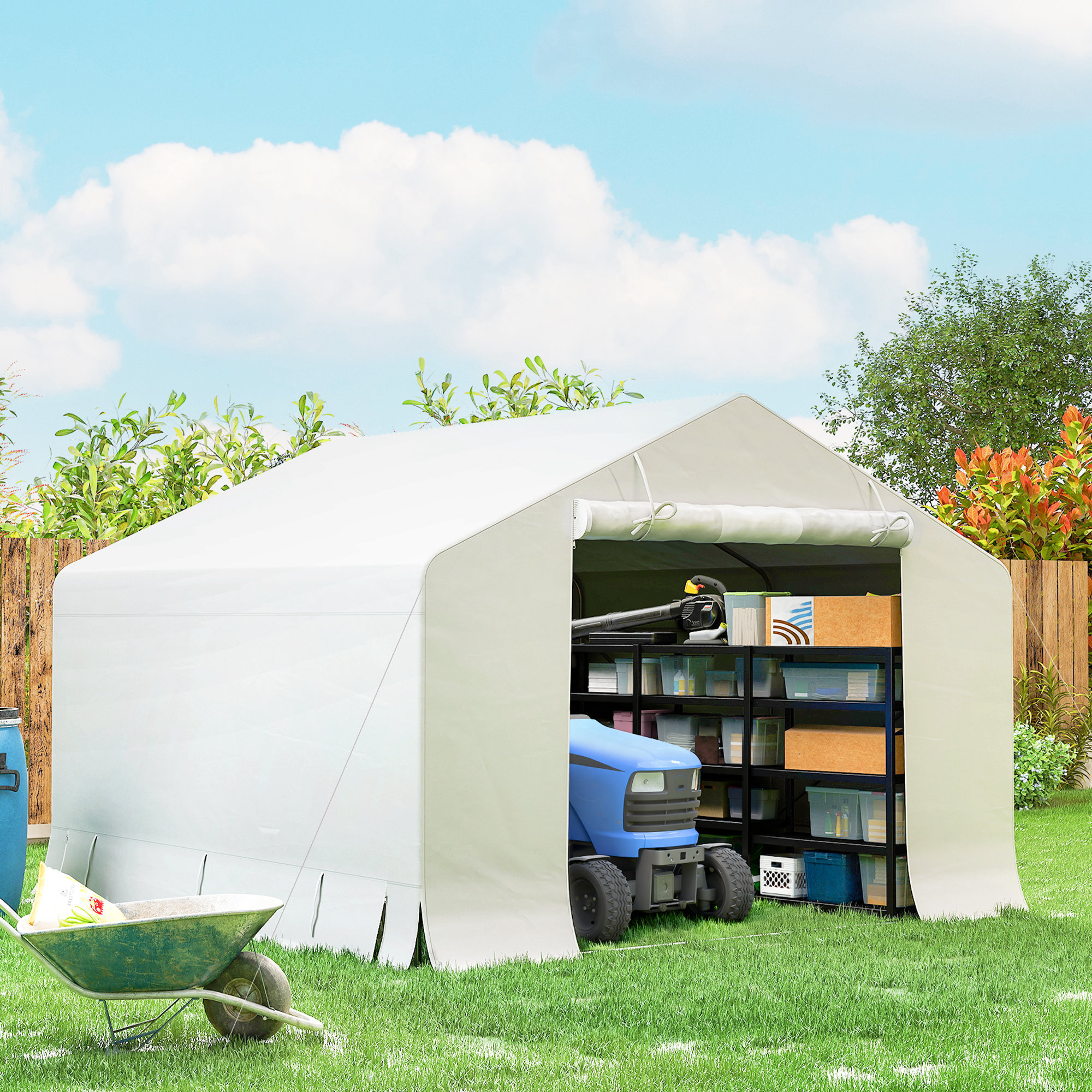 Una tenda bianca con un tosaerba blu e oggetti immagazzinati.