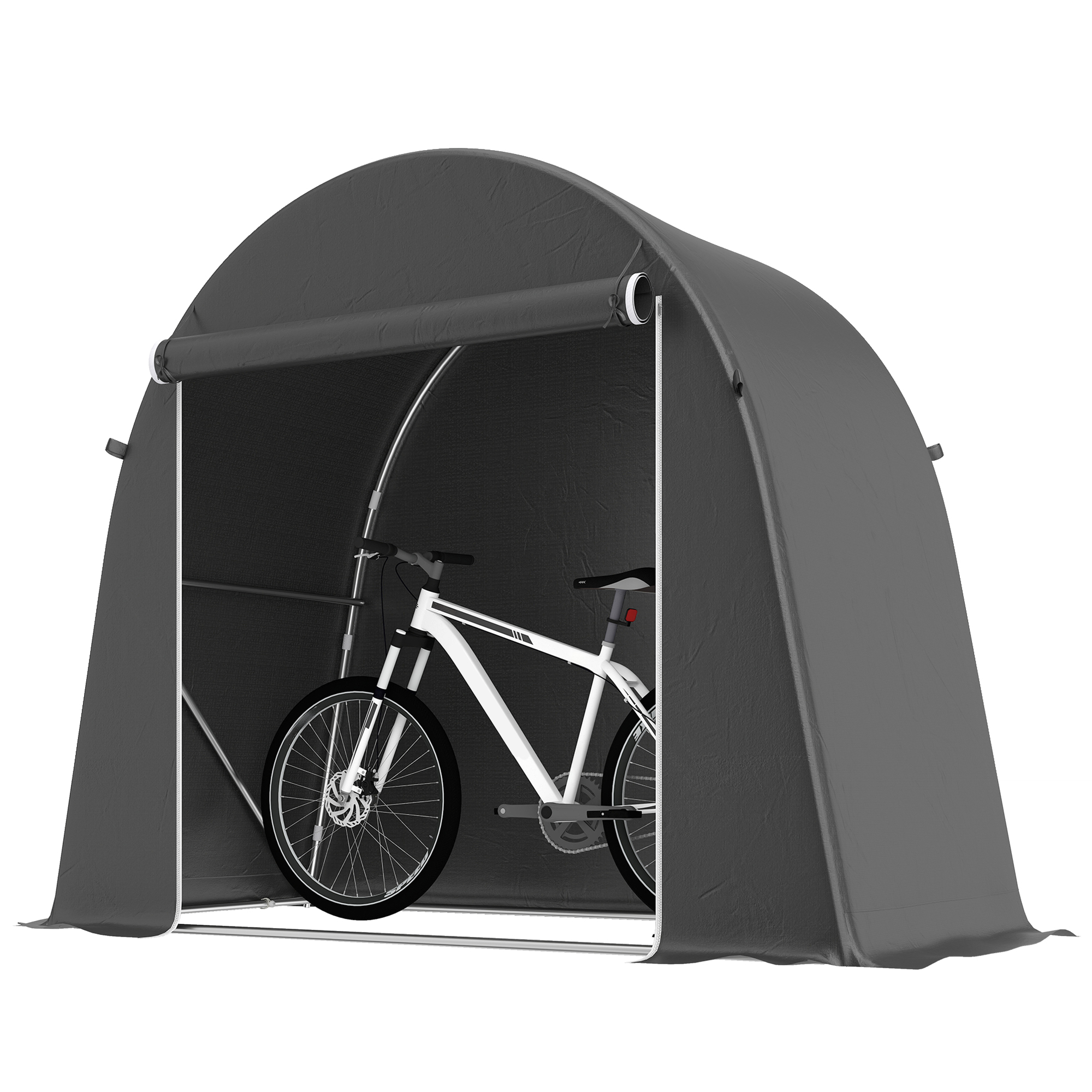 Una tenda grigia protegge una bicicletta bianca con scritte nere.