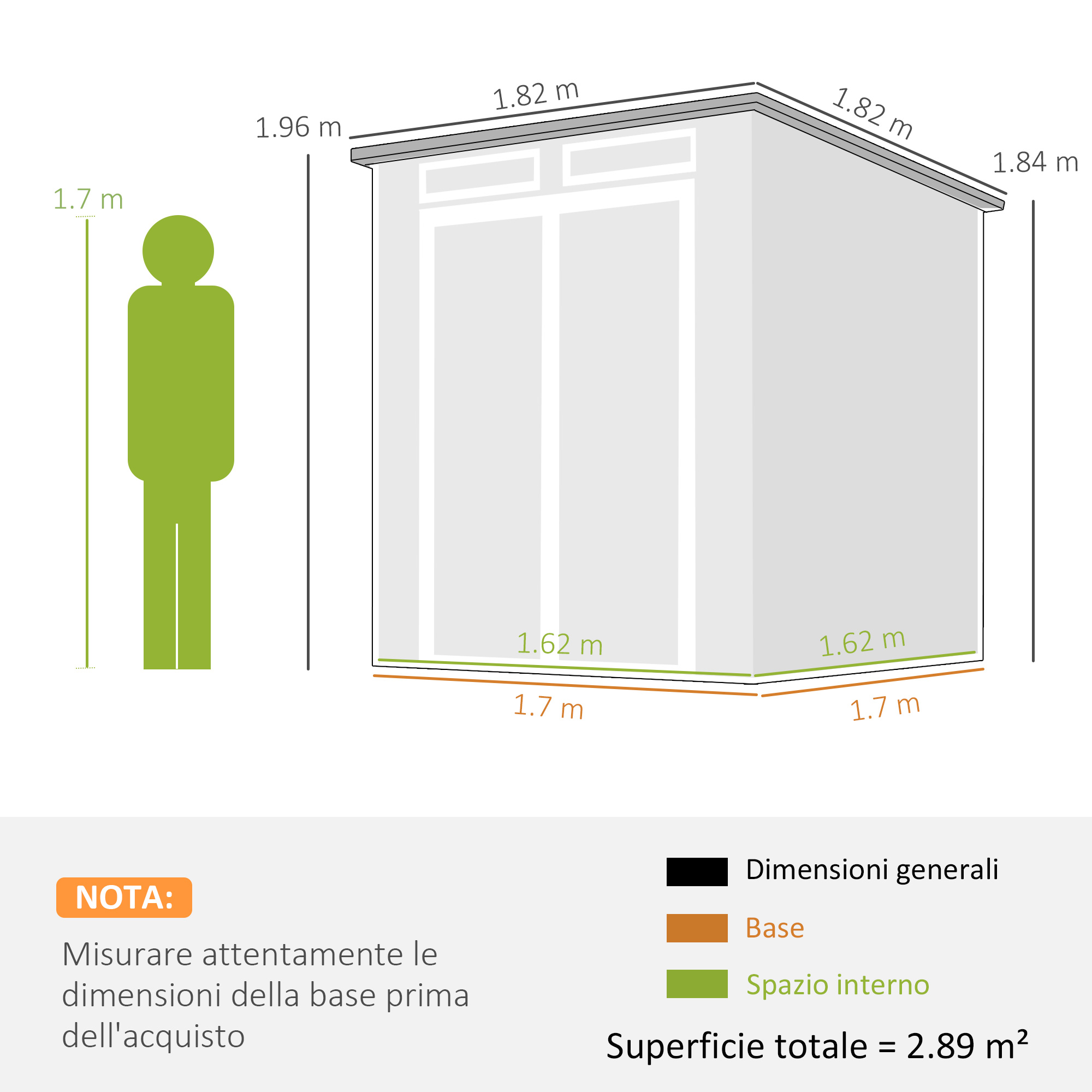 Illustrazione di un capanno con dimensioni e una figura verde per scala.