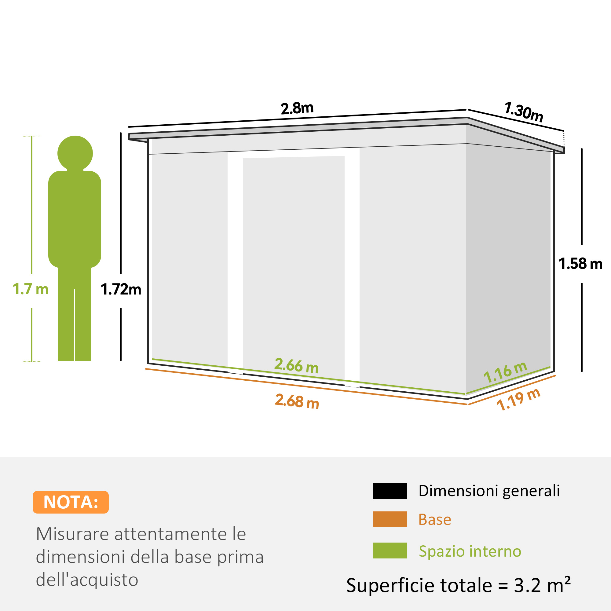 Un uomo verde accanto a un capanno con dimensioni. Superficie totale 3.2 m².