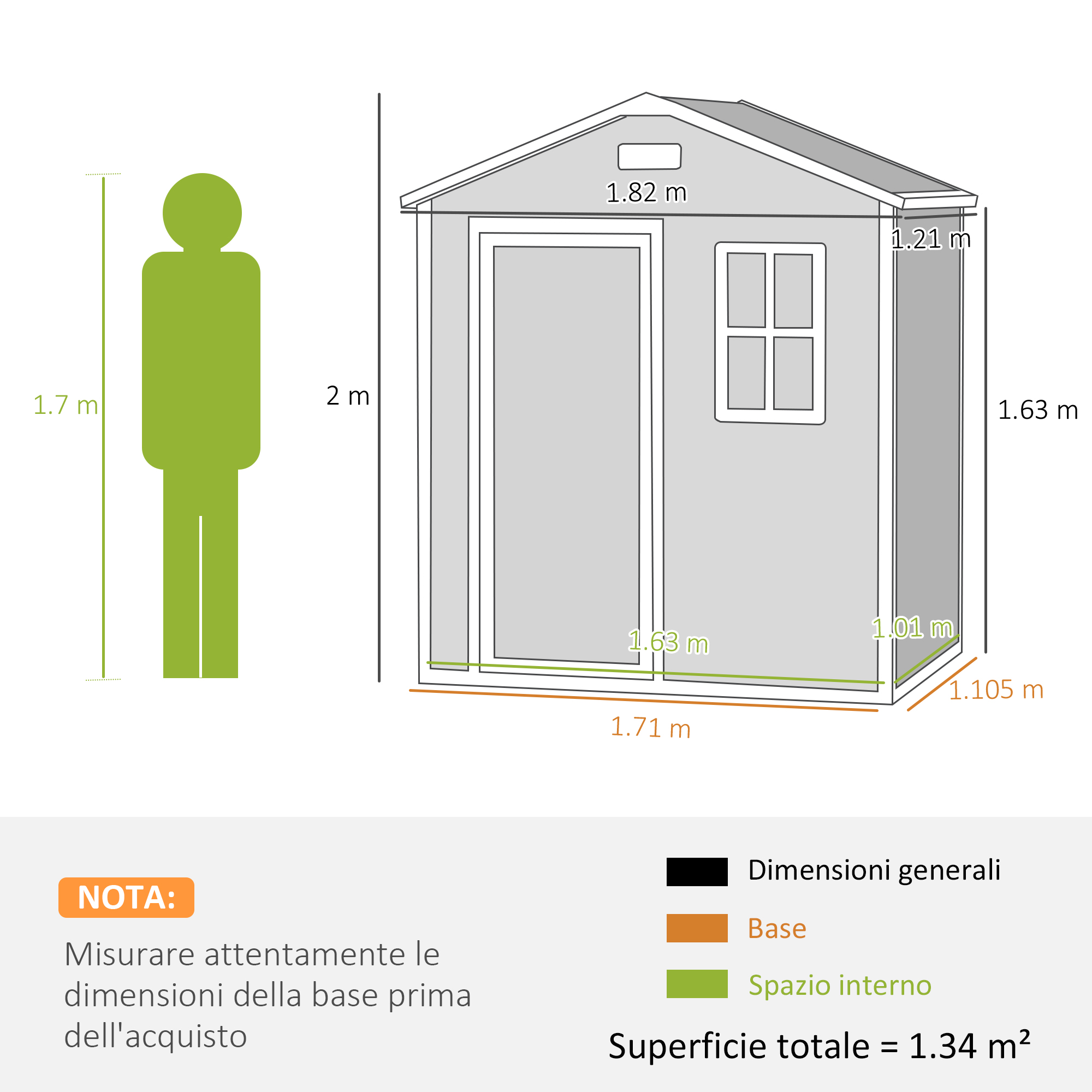 Diagramma capannone con dimensioni e figura stilizzata verde per scala.