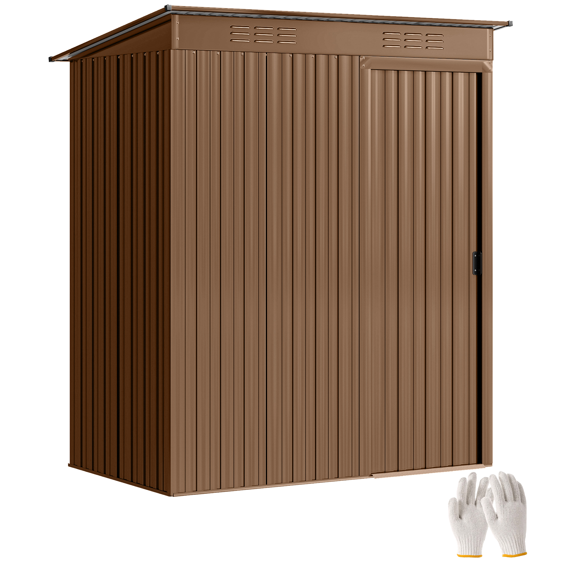 Porta marrone per capanno da giardino con prese d'aria e guanti.